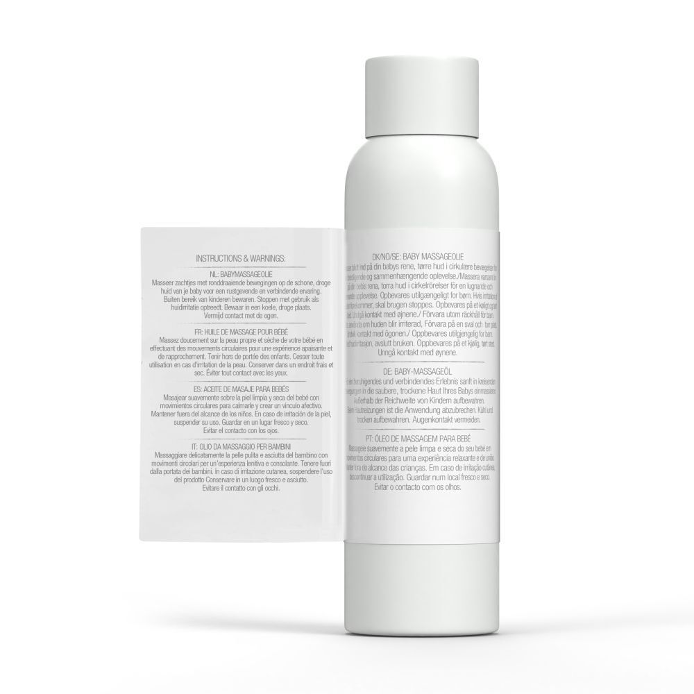 Witte fles met etiket. Uitklapbaar etiket met instructies en waarschuwingen in meerdere talen.