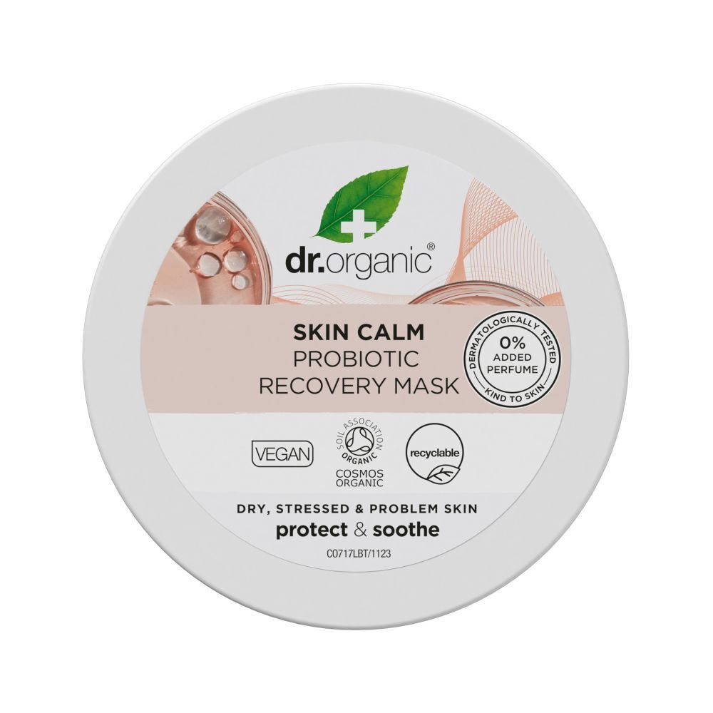 Pot rond avec 'dr.organic Skin Calm Probiotic Recovery Mask'. Vegan, 0% parfum. Recyclable.