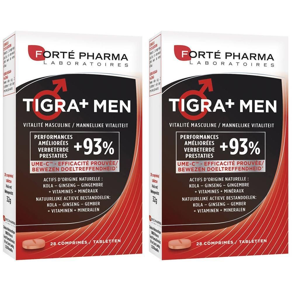 Twee verpakkingen Tigra+ Men. Witte dozen met rood en zwart design. Opschrift: Forté Pharma, Tigra+ Men, +93%.