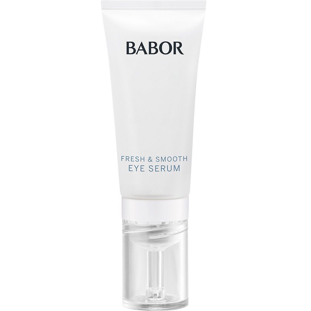 Witte tube met BABOR-logo en tekst 'Fresh & Smooth Eye Serum'. Transparante applicator.