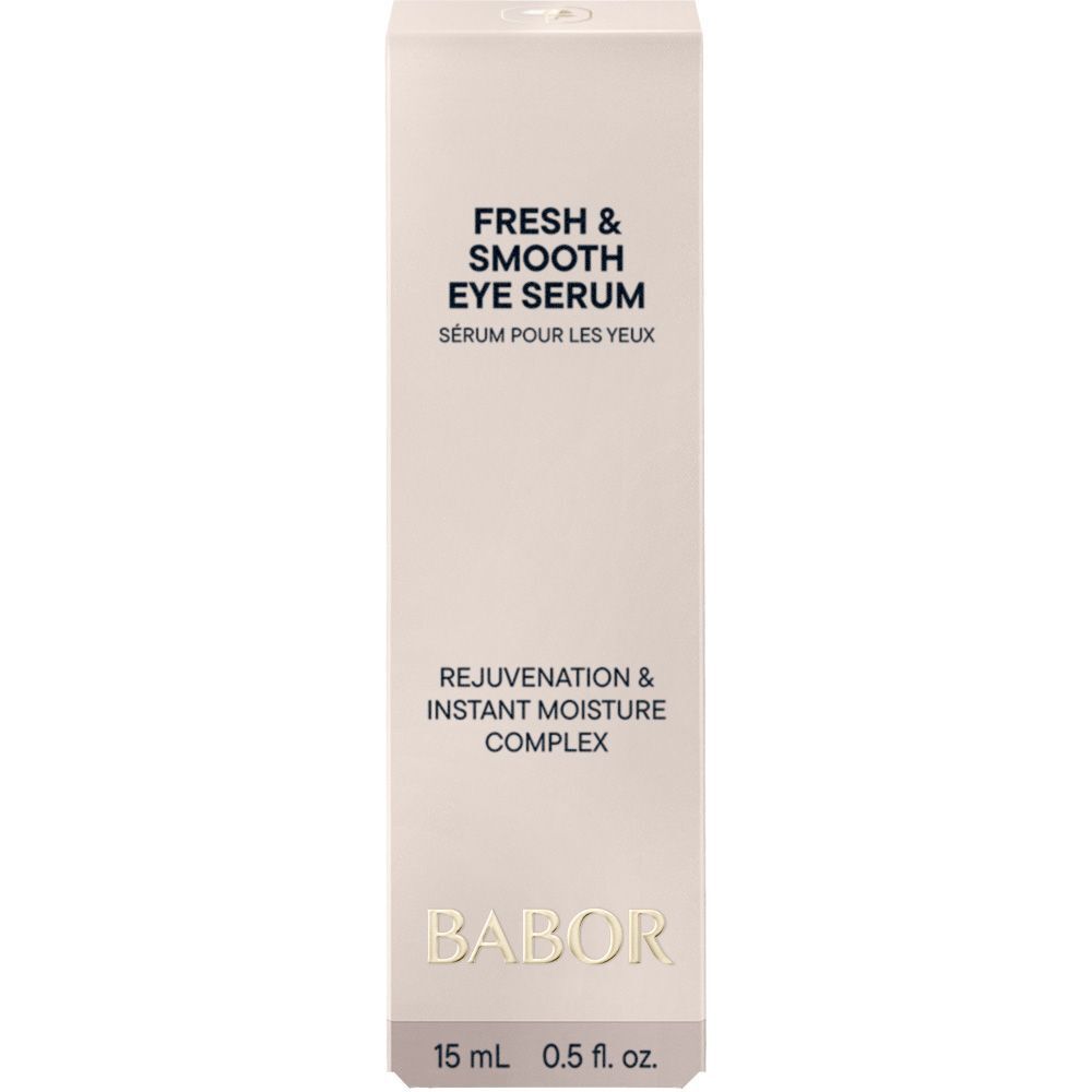 Emballage blanc avec logo BABOR et « Fresh & Smooth Eye Serum ». Texte : Dry/Dehydrated Skin.
