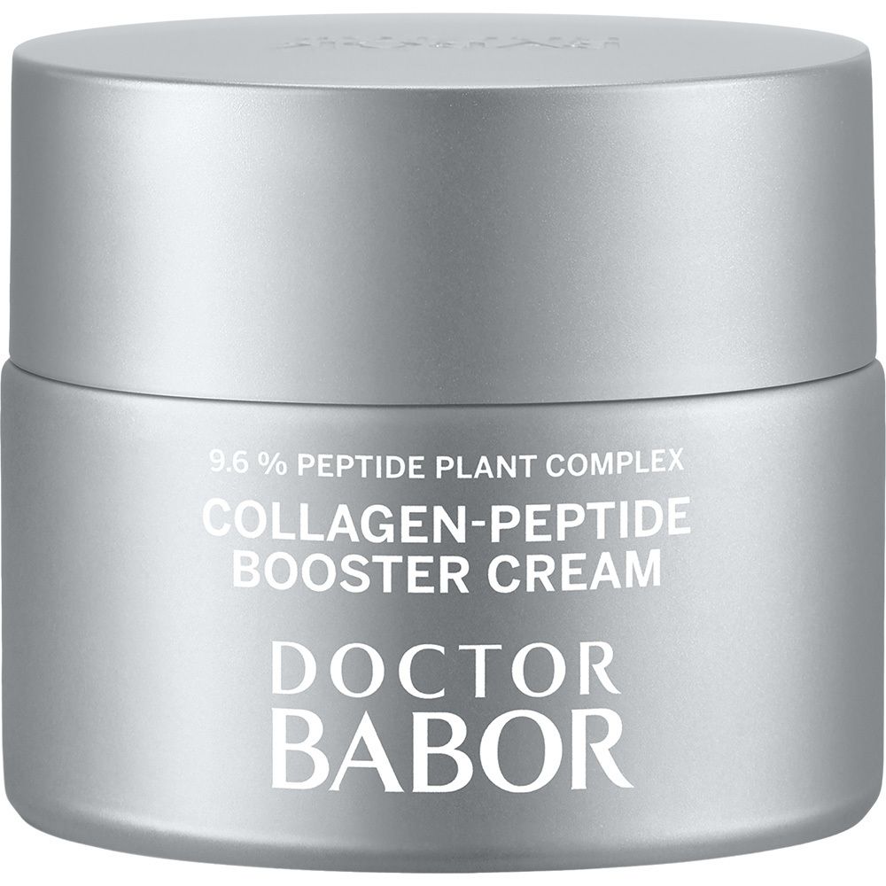 Zilverkleurige pot met deksel. Opschrift: Collagen-Peptide Booster Cream, Doctor BABOR.