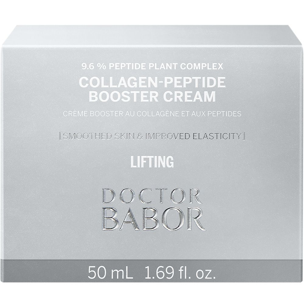Zilverkleurige pot met deksel. Opschrift: Collagen-Peptide Booster Cream, Doctor BABOR.