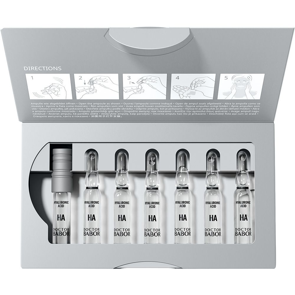 Boîte ouverte avec 7 ampoules. Instructions à l'intérieur. Inscription : HA, Doctor BABOR.