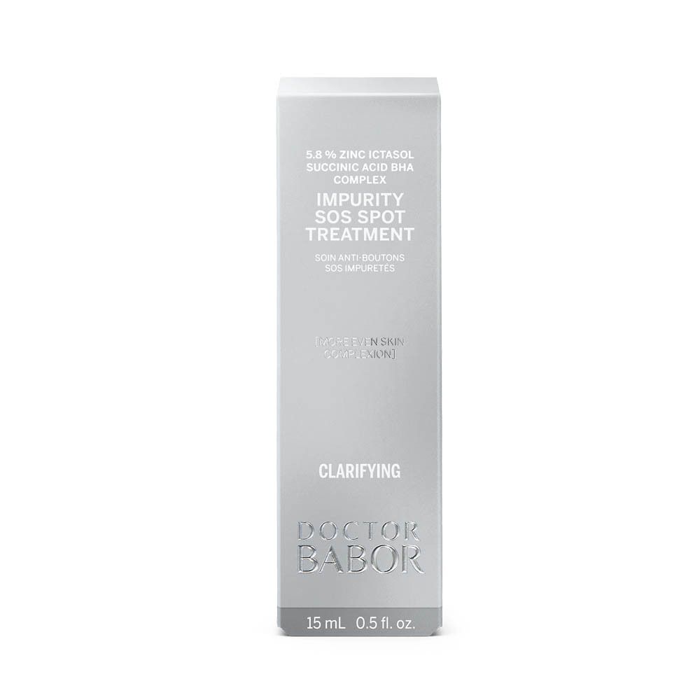 Emballage gris avec nom du produit et logo. Inscription : Impurity SOS Spot Treatment, Doctor Babor.