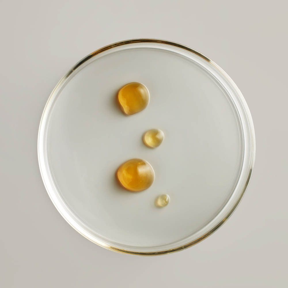 Transparante petrischaal met vier gele druppels. Vloeistof.