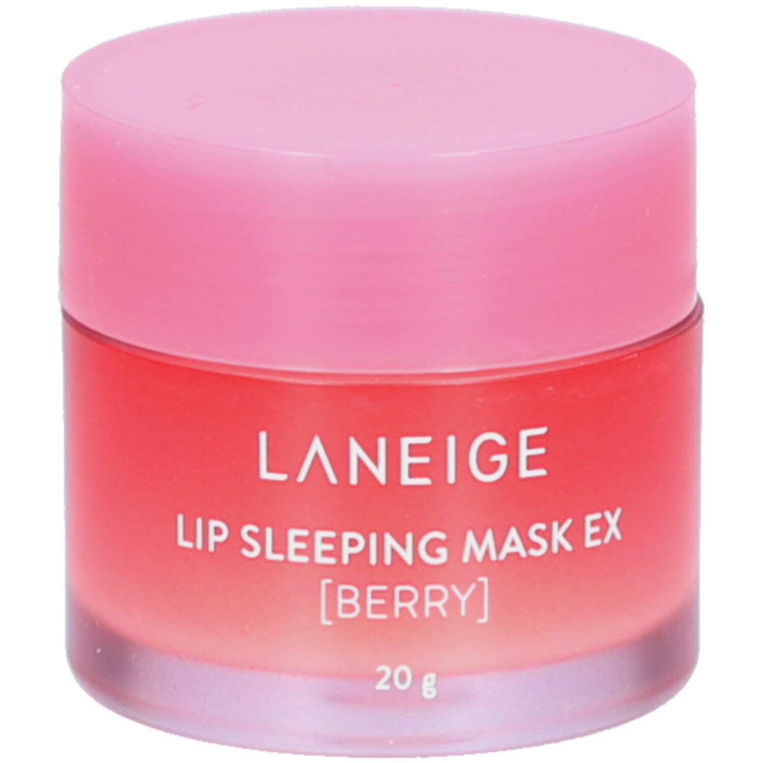 Pot rond rose. Inscription : LANEIGE, LIP SLEEPING MASK EX [BERRY], 20 g.