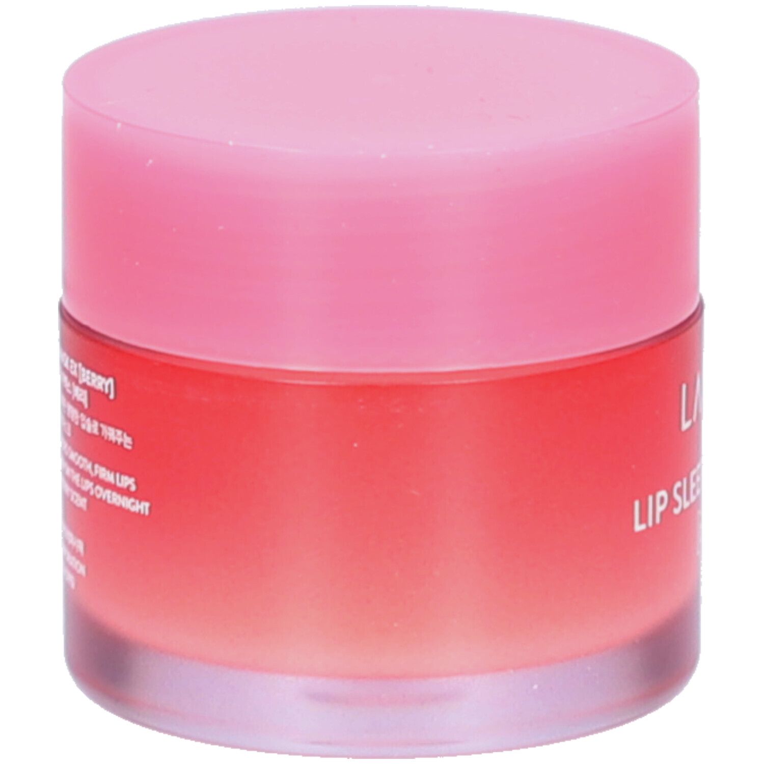 Pot rond avec couvercle rose. Inscription : LANEIGE, LIP SLEEPING MASK EX, texte coréen.