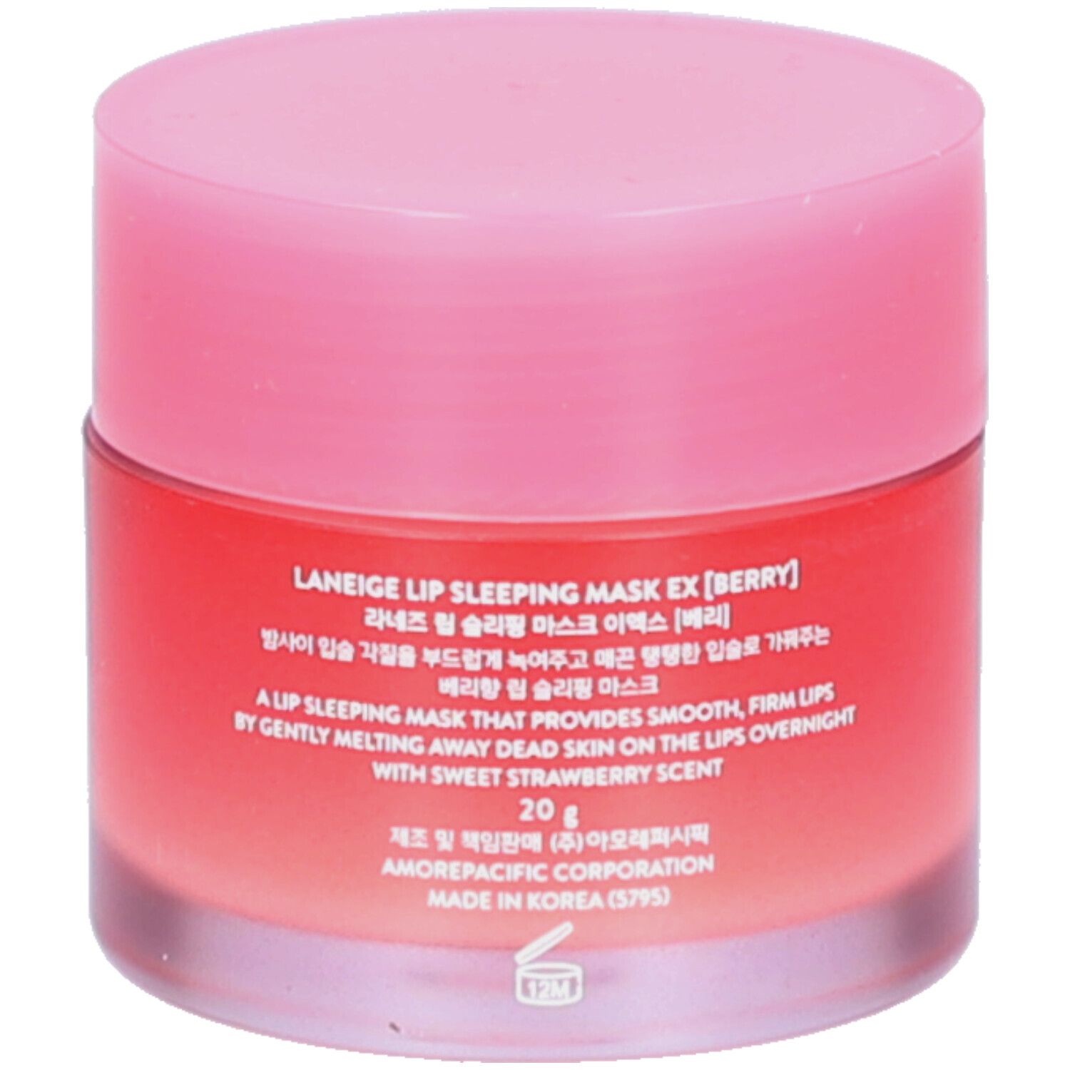 Ronde pot met roze deksel. Opschrift: LANEIGE, LIP SLEEPING MASK EX [BERRY], 20 g. Koreaanse tekst.
