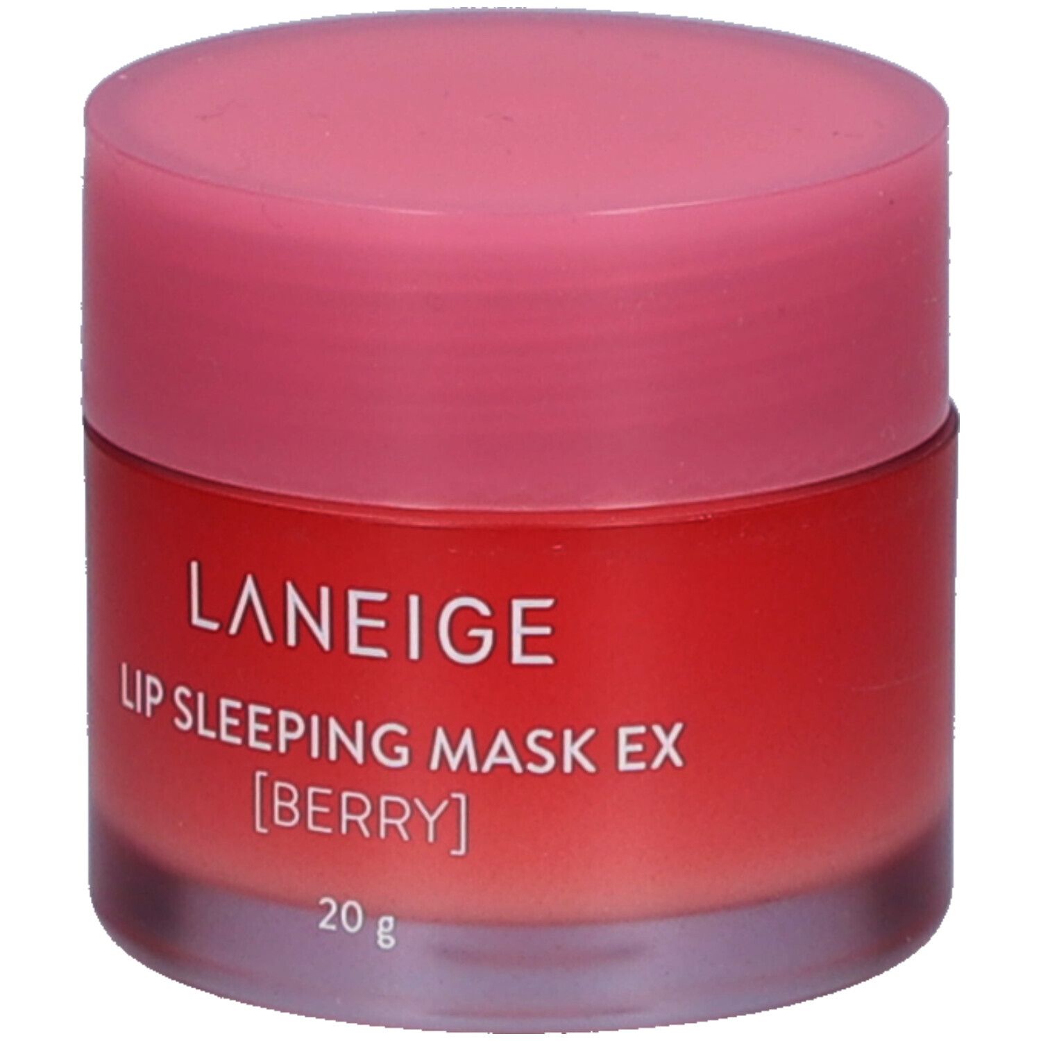 Pot rond avec couvercle rose. Inscription : LANEIGE, LIP SLEEPING MASK EX [BERRY], 20 g.