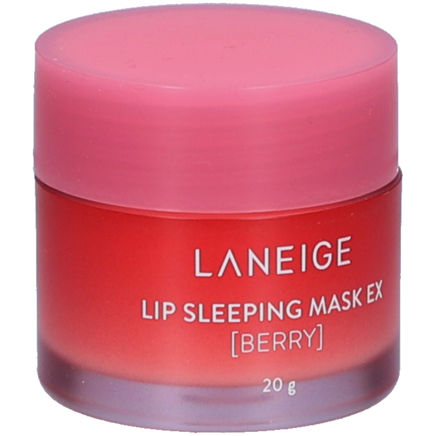 Pot rond avec couvercle rose. Inscription : LANEIGE, LIP SLEEPING MASK EX [BERRY], 20 g.