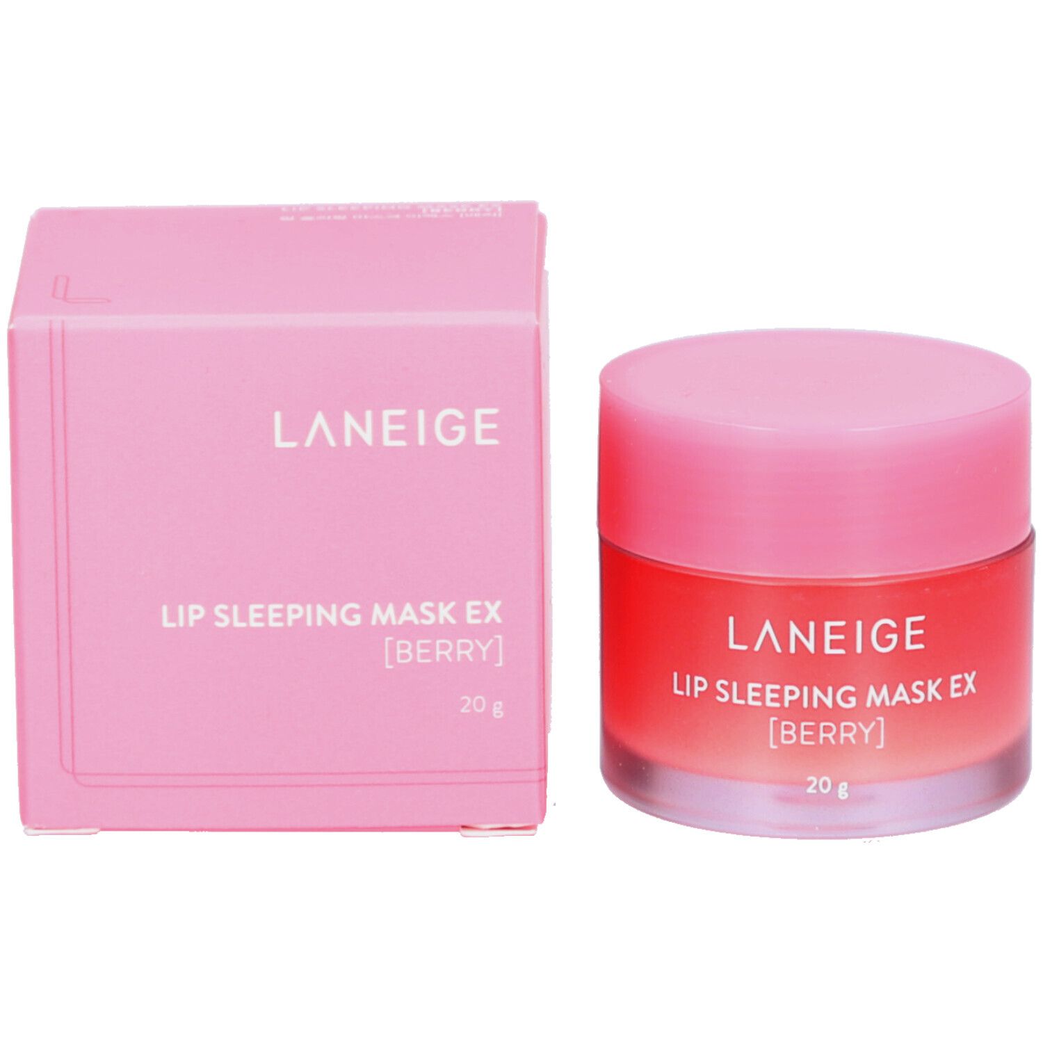 Boîte rose et pot. Inscription : LANEIGE, LIP SLEEPING MASK EX [BERRY], 20 g.