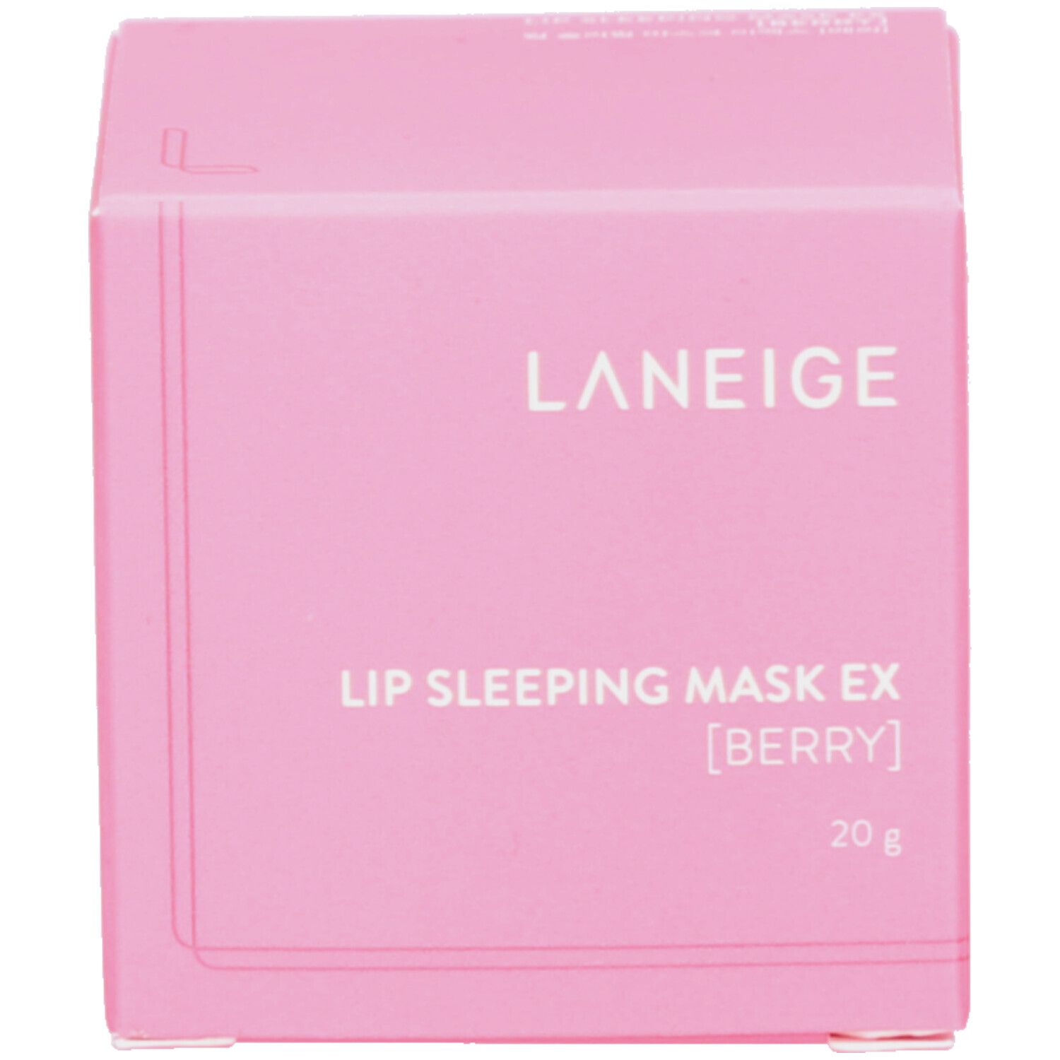 Boîte rose. Inscription : LANEIGE, LIP SLEEPING MASK EX [BERRY], 20 g.