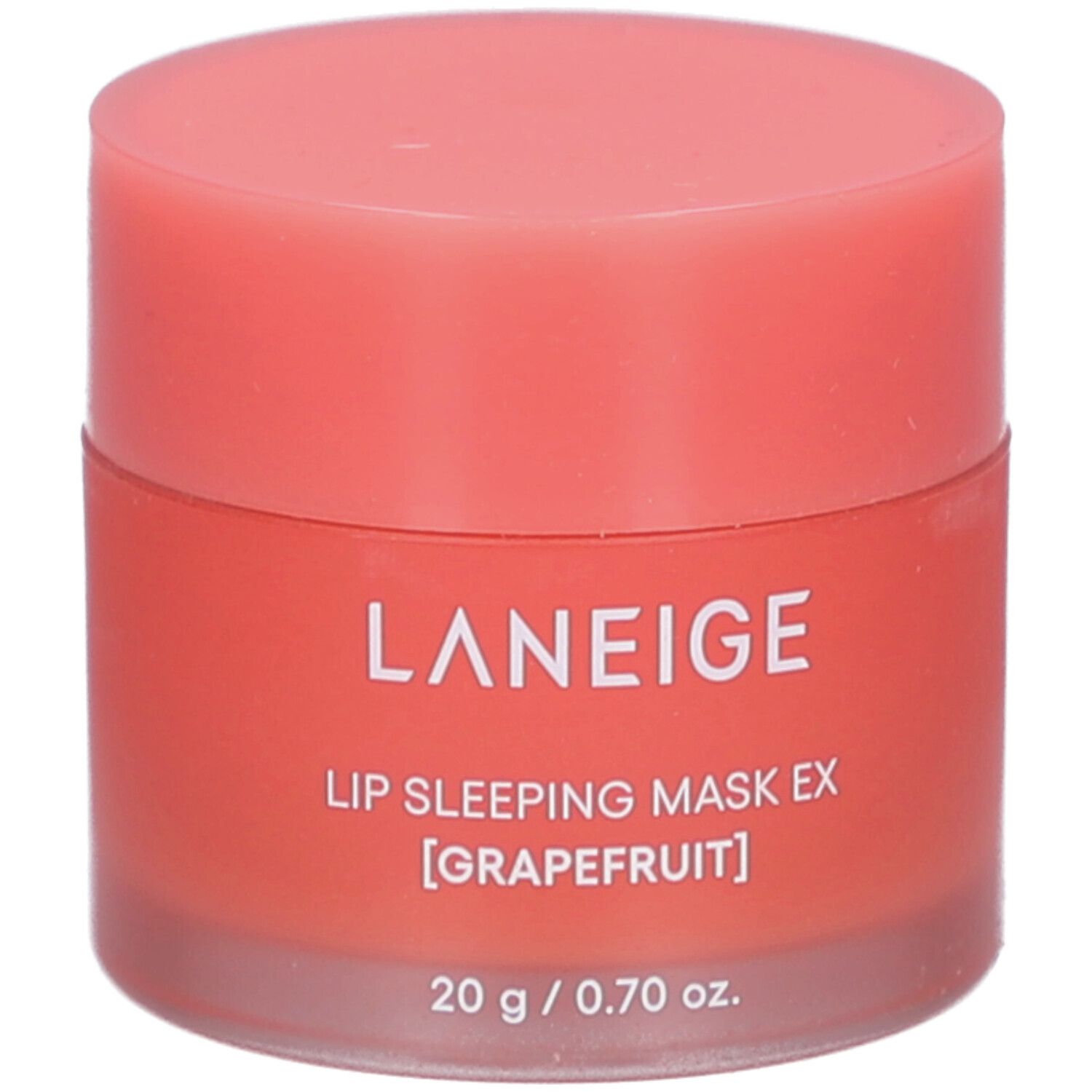 Pot rond avec couvercle rose. Inscription: LANEIGE, LIP SLEEPING MASK EX [GRAPEFRUIT], 20 g / 0.70 oz.