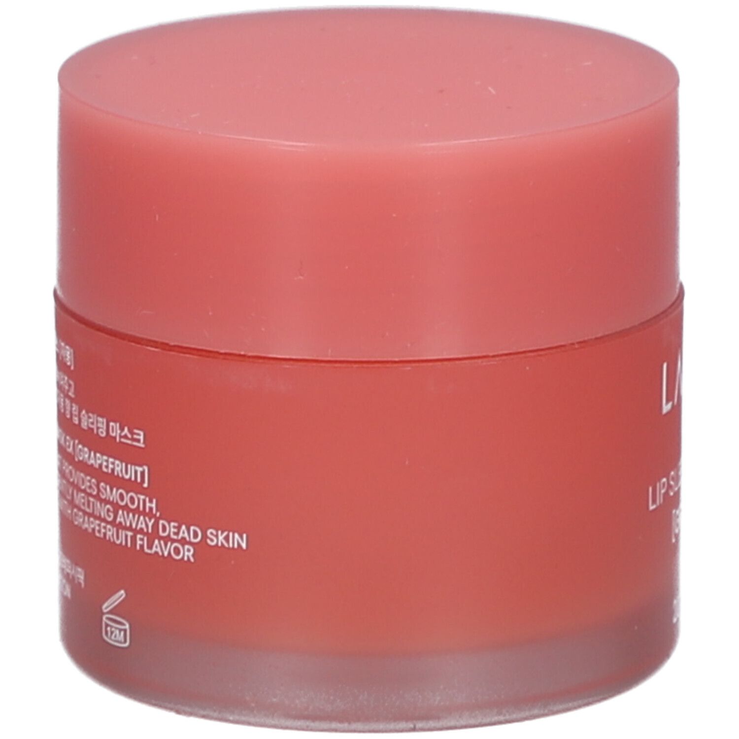 Pot rond avec couvercle rose. Inscription: LANEIGE, LIP SLEEPING MASK EX [GRAPEFRUIT]. Informations produit sur le côté.