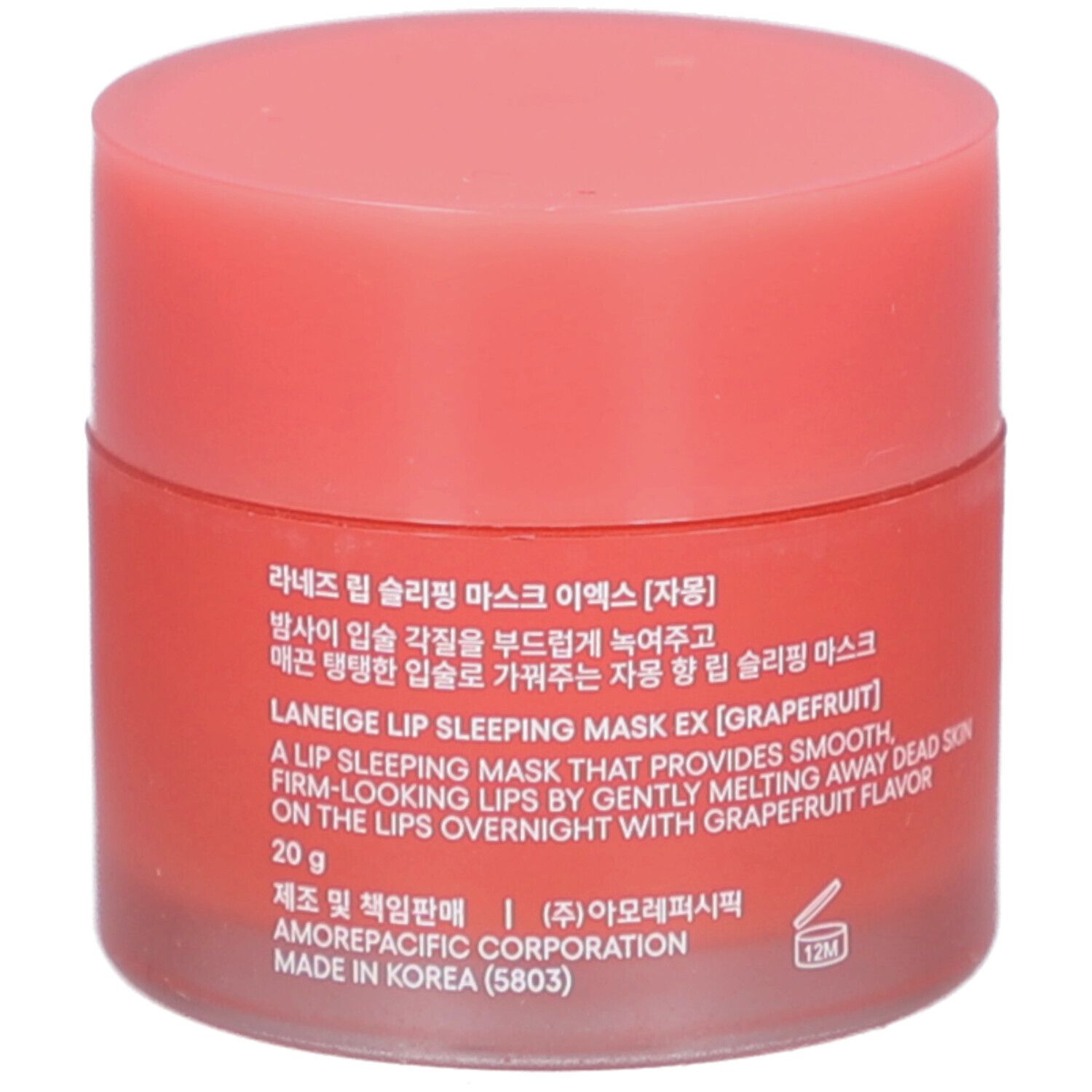 Pot rose avec couvercle. Inscription: LANEIGE Lip Sleeping Mask EX [Grapefruit]. Texte multilingue.