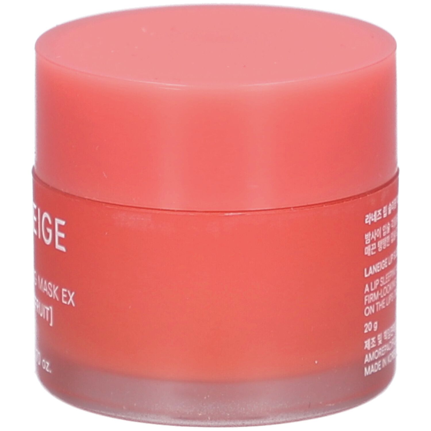 Pot rond avec couvercle rose. Inscription: LANEIGE, LIP SLEEPING MASK EX [GRAPEFRUIT]. Informations produit sur le côté.