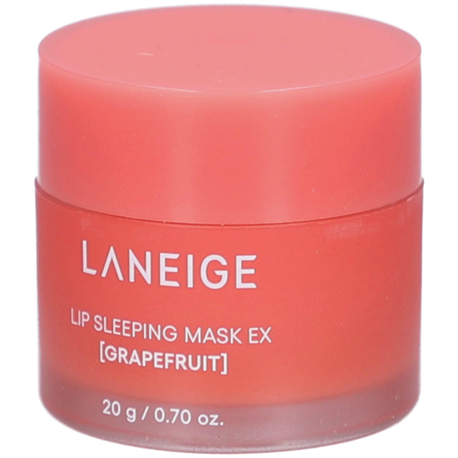 Pot rose avec couvercle. Inscription: LANEIGE, Lip Sleeping Mask EX [Grapefruit], 20 g / 0.70 oz.