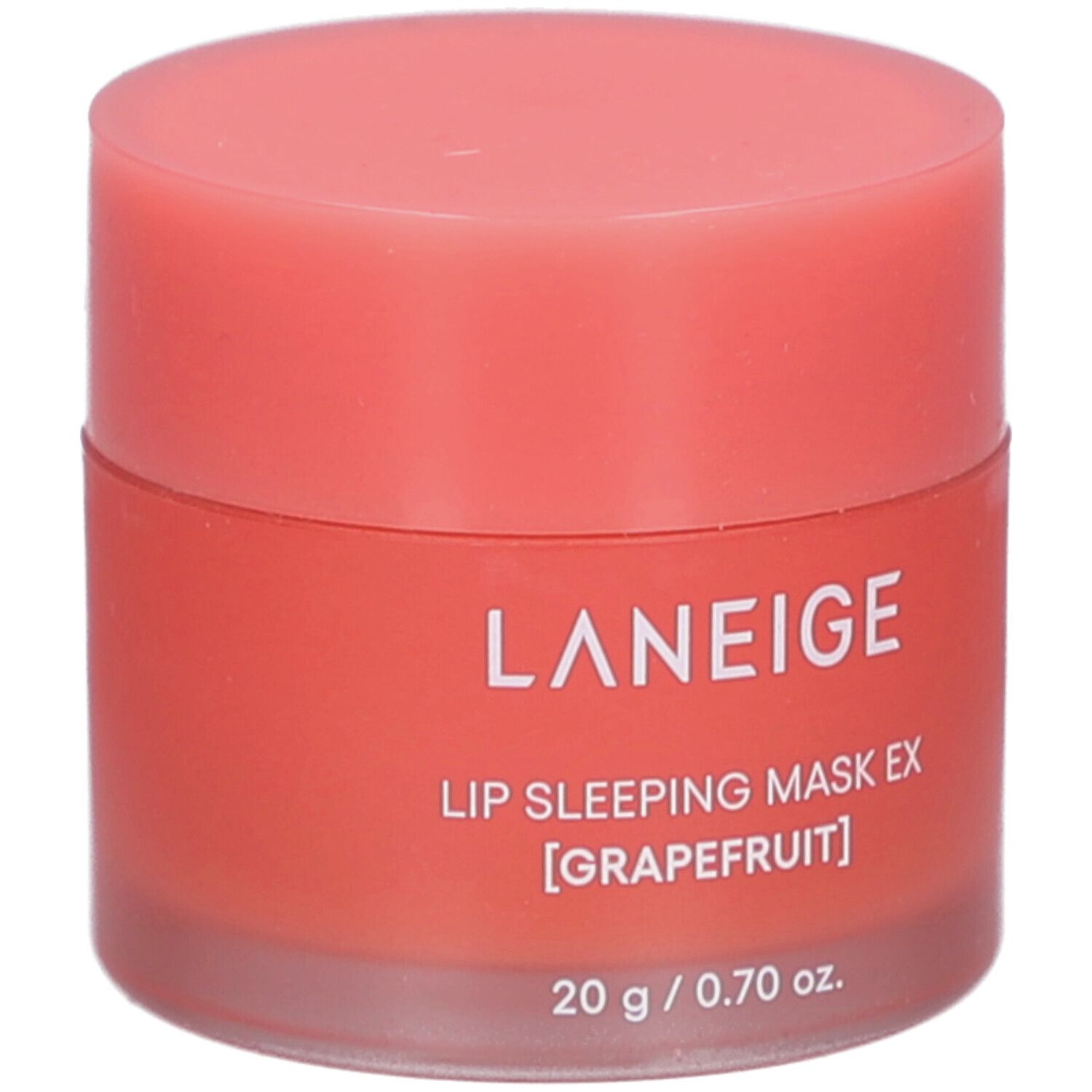 Pot rond avec couvercle rose. Inscription: LANEIGE, LIP SLEEPING MASK EX [GRAPEFRUIT], 20 g / 0.70 oz.