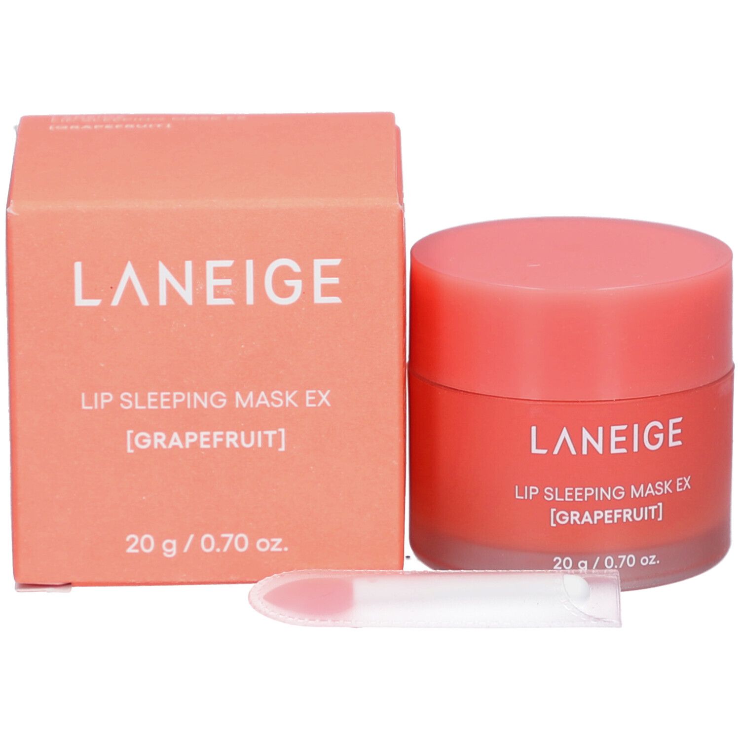 Emballage produit avec pot, boîte et spatule. Inscription: LANEIGE, LIP SLEEPING MASK EX [GRAPEFRUIT], 20 g / 0.70 oz.