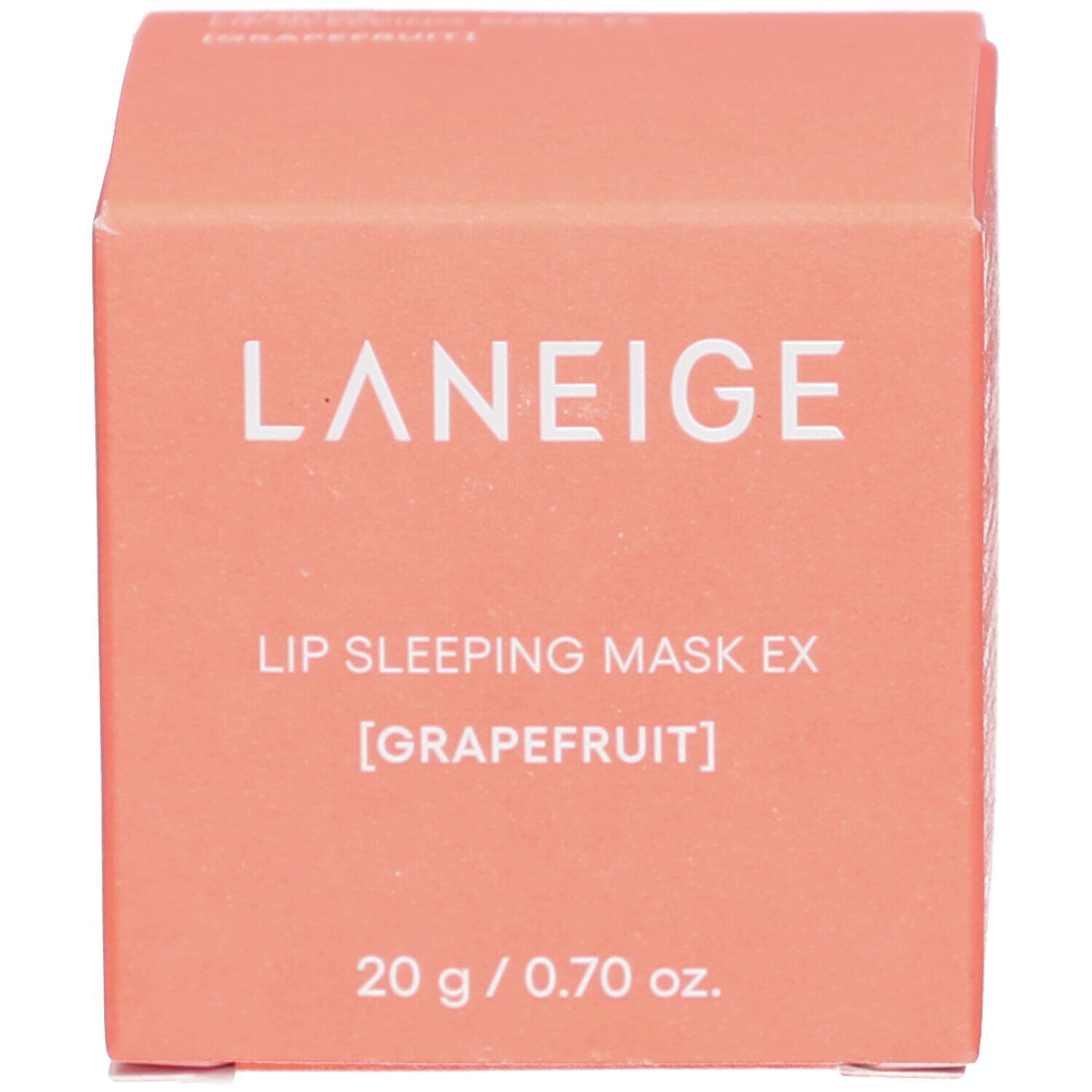 Emballage en carton. Inscription: LANEIGE, Lip Sleeping Mask EX [Grapefruit], 20 g / 0.70 oz.