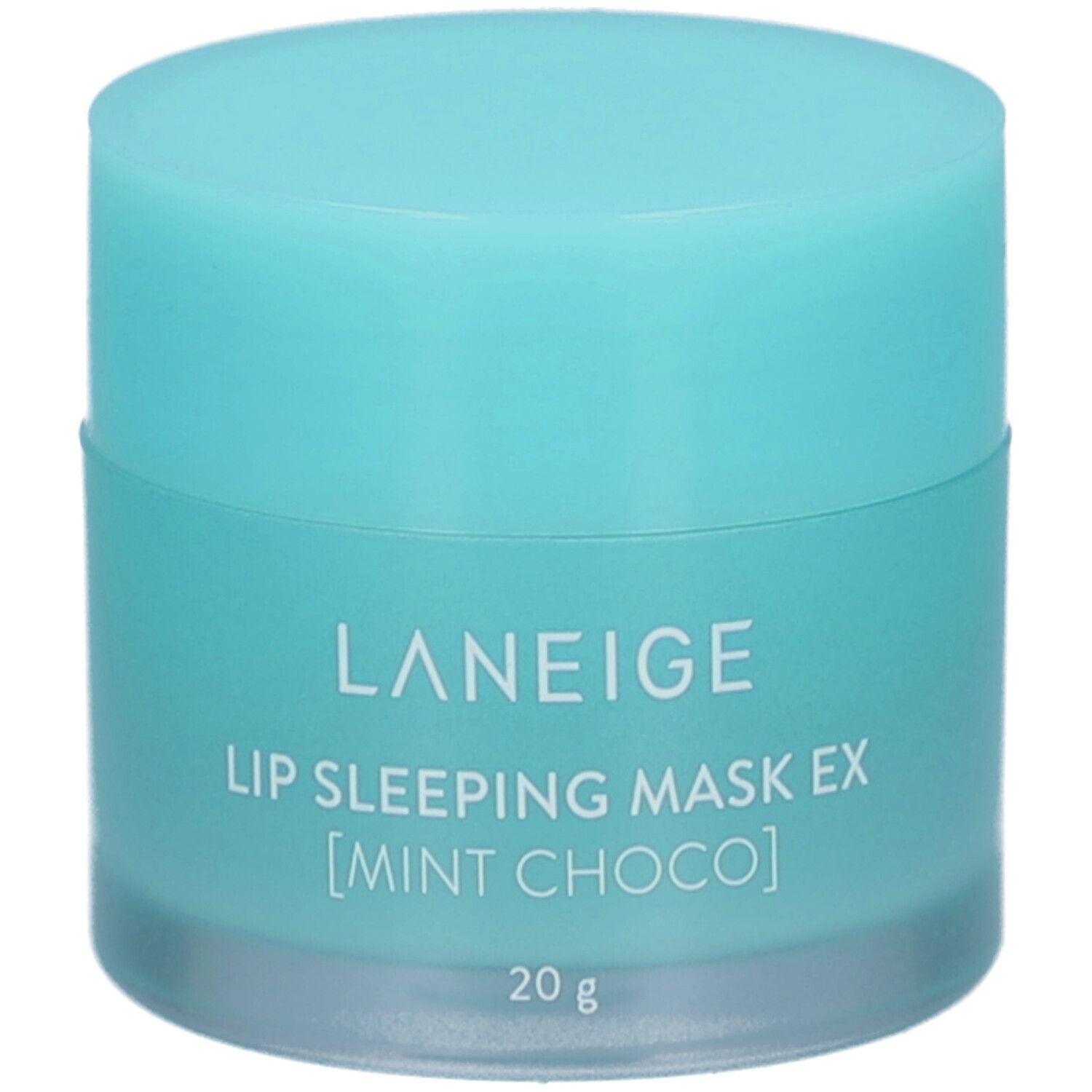 Pot turquoise avec couvercle. Inscription : LANEIGE, LIP SLEEPING MASK EX [MINT CHOCO]. En bas : 20 g.