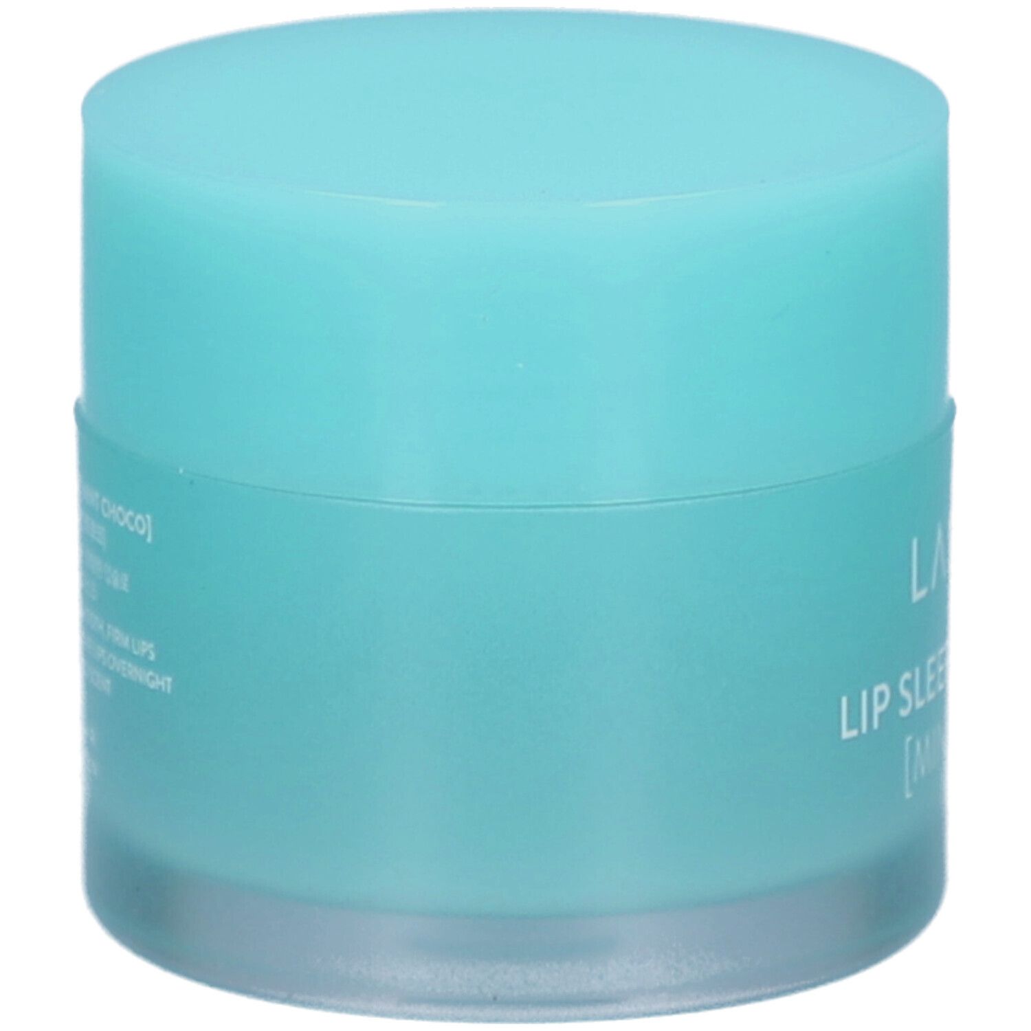 Pot turquoise avec couvercle. Inscription : LANEIGE, LIP SLEEPING MASK EX [MINT CHOCO].
