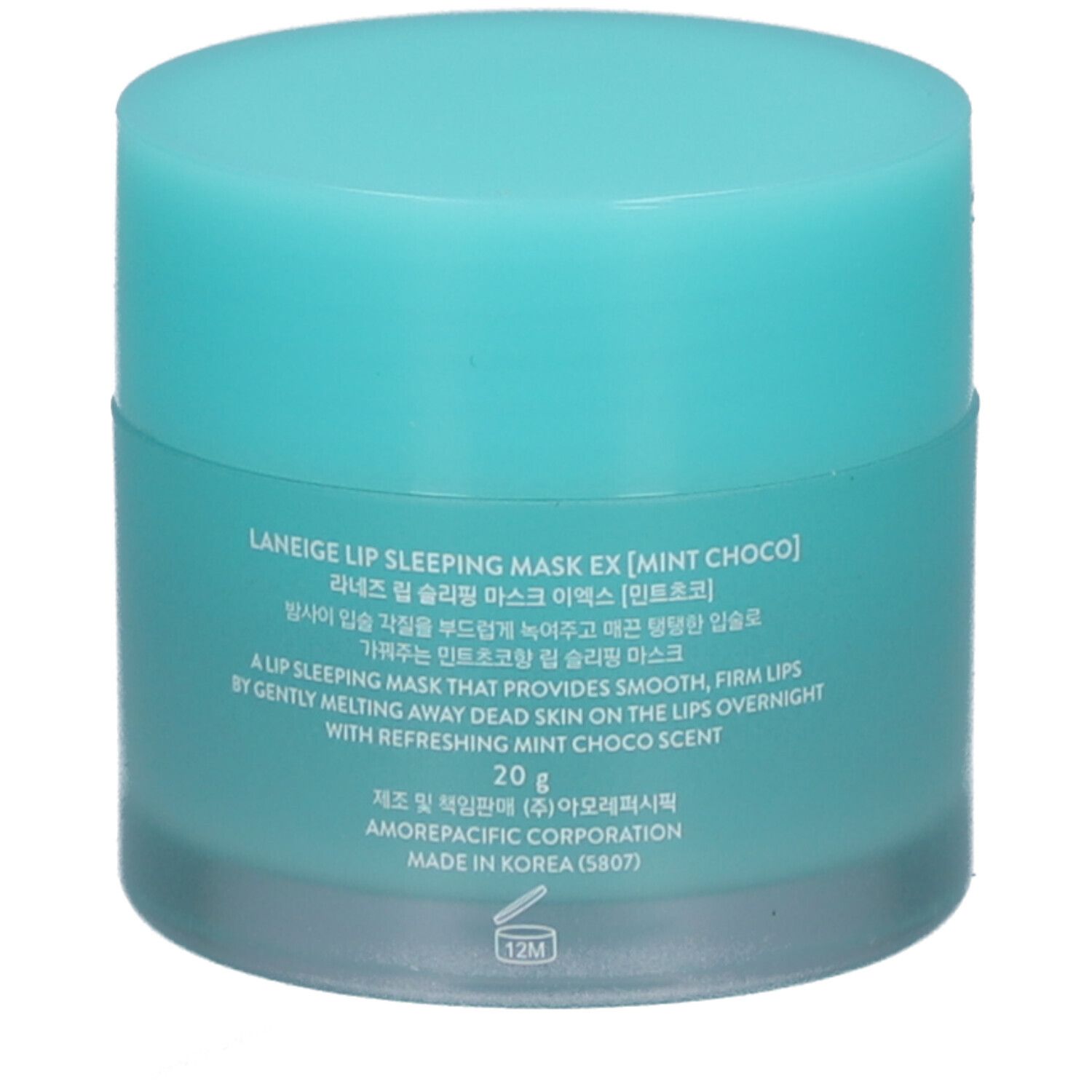 Pot turquoise avec couvercle. Inscription : LANEIGE LIP SLEEPING MASK EX [MINT CHOCO]. Texte en coréen et anglais.
