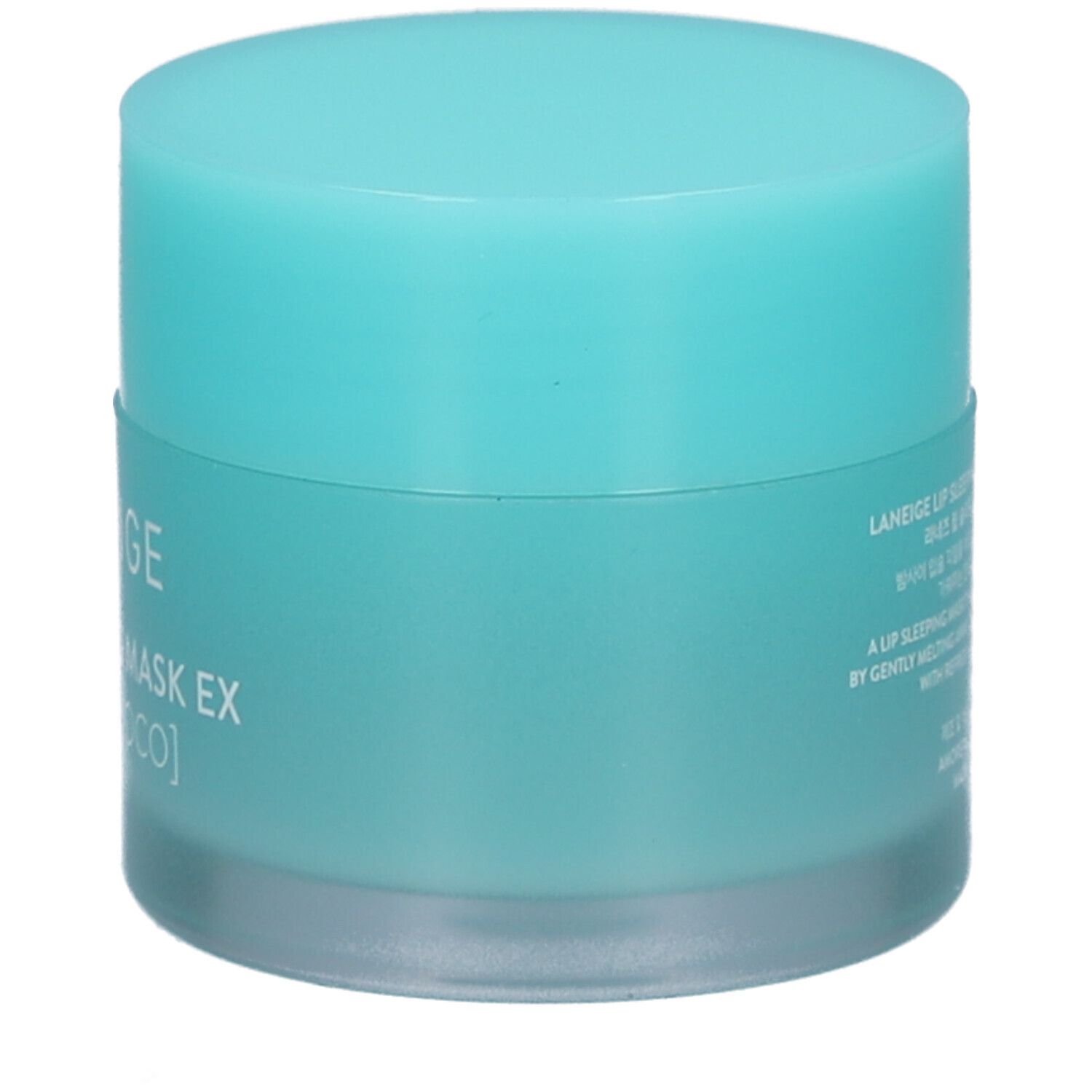 Pot turquoise avec couvercle. Inscription : LANEIGE LIP SLEEPING MASK EX [MINT CHOCO].