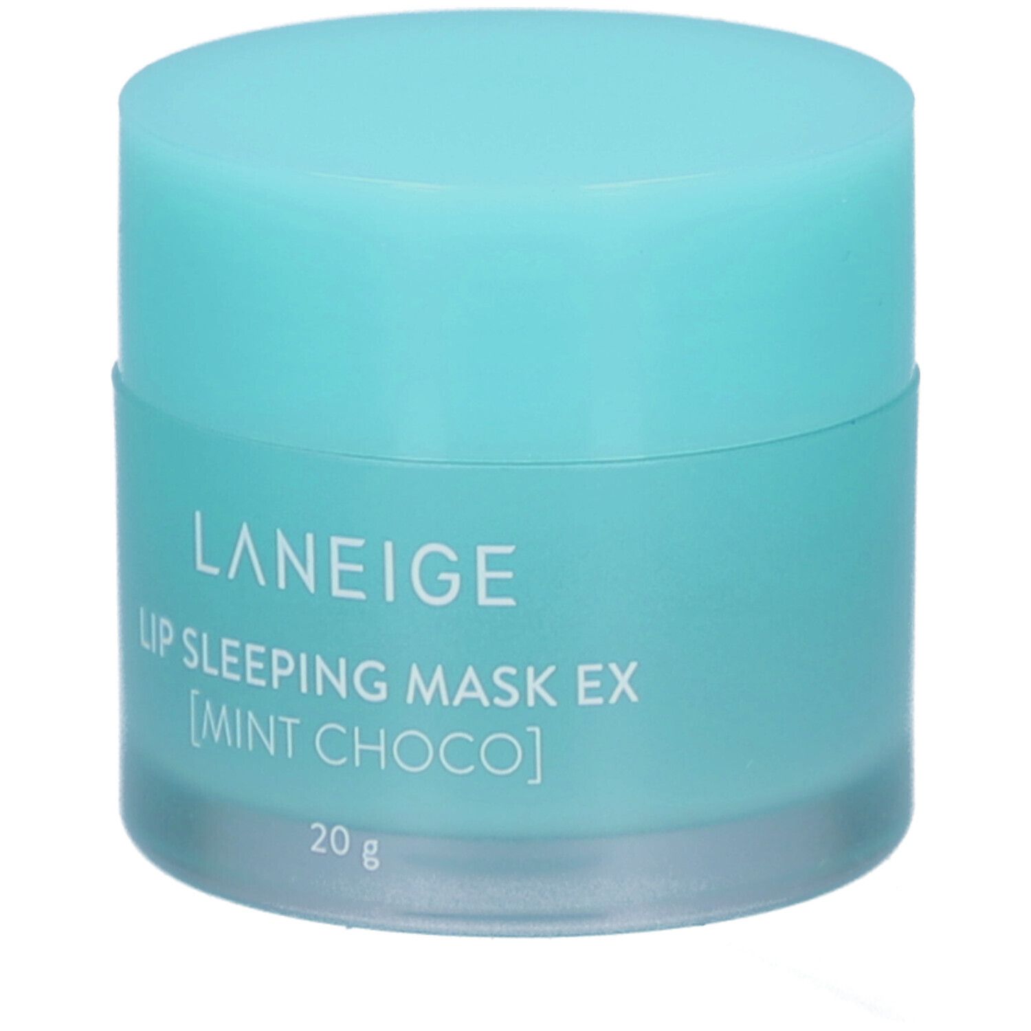 Pot turquoise avec couvercle. Inscription : LANEIGE, LIP SLEEPING MASK EX [MINT CHOCO]. En bas : 20 g.