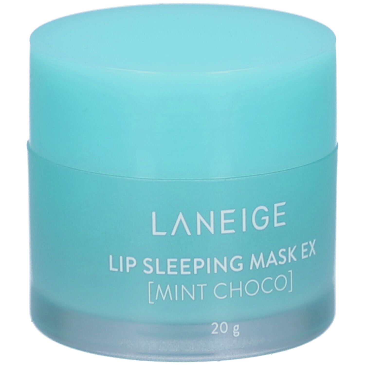 Pot turquoise avec couvercle. Inscription : LANEIGE, LIP SLEEPING MASK EX [MINT CHOCO]. En bas : 20 g.