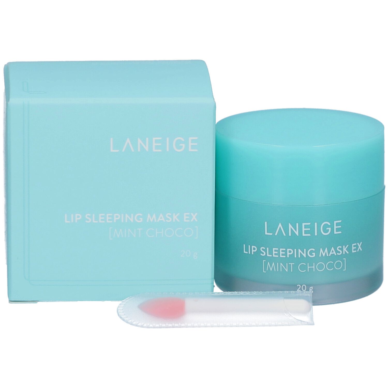 Emballage et pot du produit. Inscription : LANEIGE, LIP SLEEPING MASK EX [MINT CHOCO]. Inclus : applicateur.