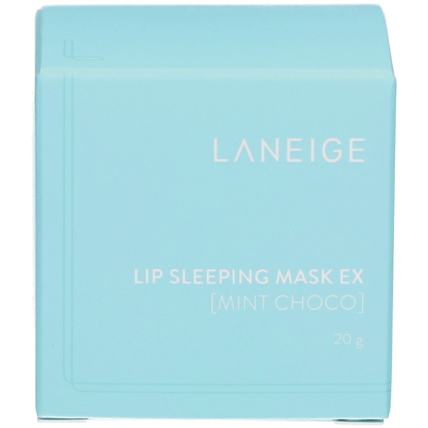Emballage du produit turquoise. Inscription : LANEIGE, LIP SLEEPING MASK EX [MINT CHOCO]. En bas : 20 g.