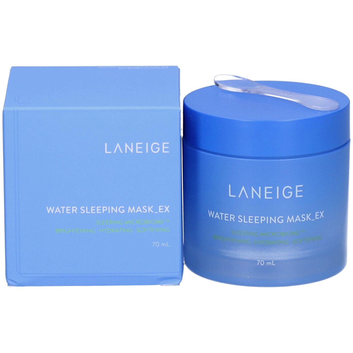 Pot et boîte bleus. Inscription : LANEIGE, WATER SLEEPING MASK_EX, 70 ml.