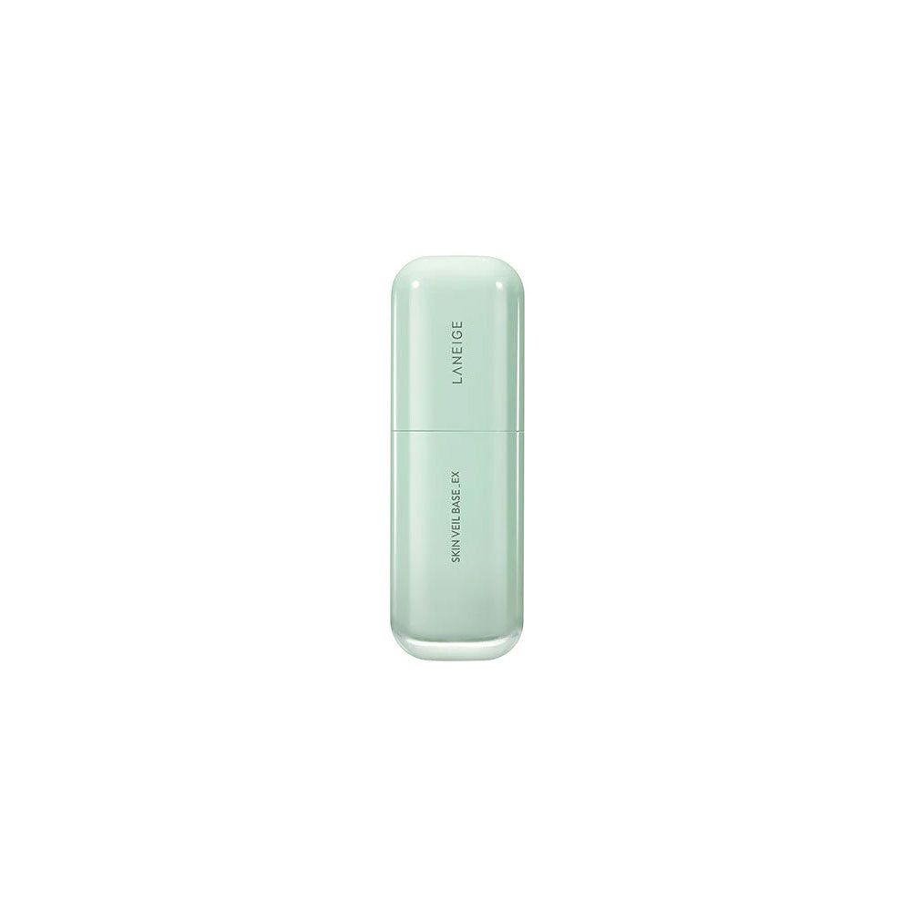 Flacon cylindrique vert clair avec bouchon. Inscription LANEIGE et SKIN VEIL BASE en blanc sur le flacon.