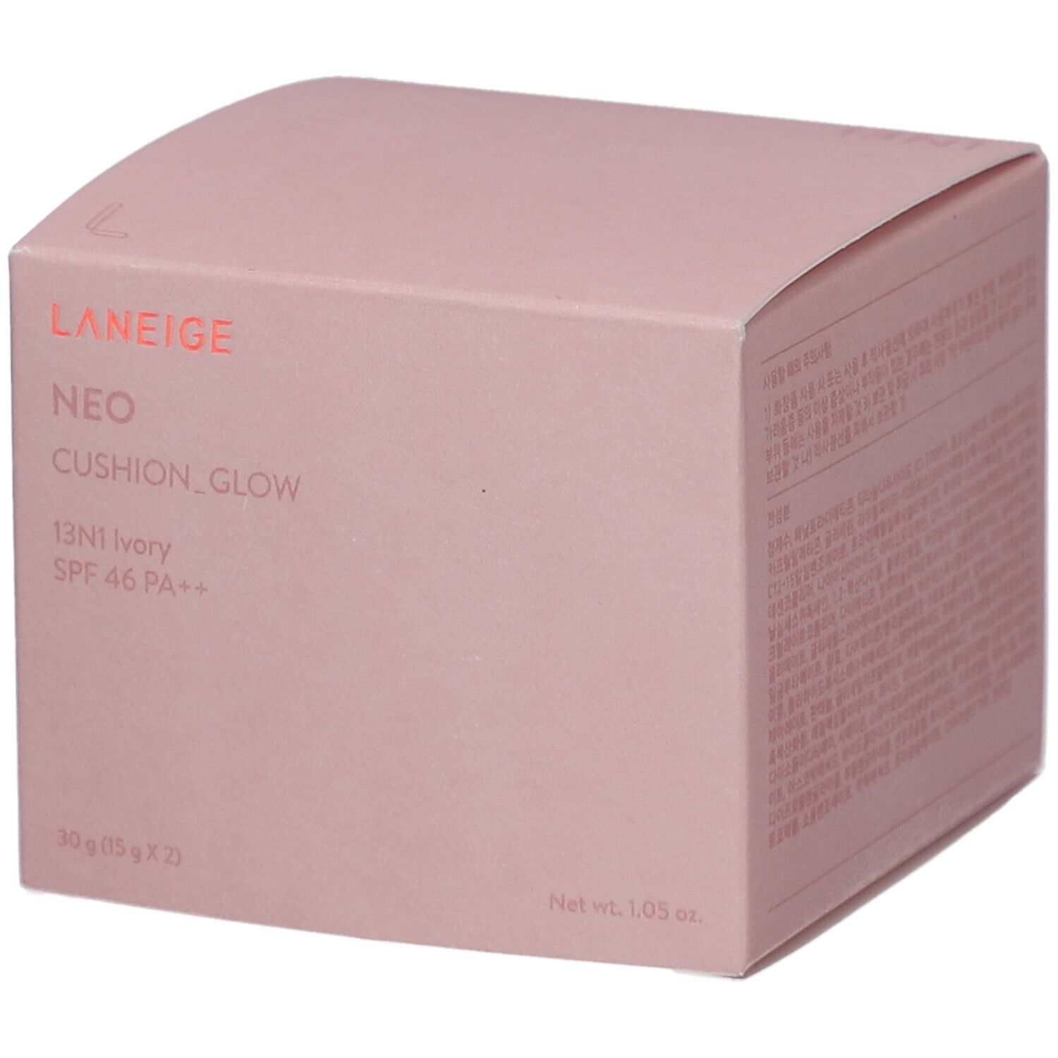 Boîte rose LANEIGE NEO CUSHION_GLOW. Texte: 13N1 Ivory SPF 46 PA++. Contient 30g (15g x 2).