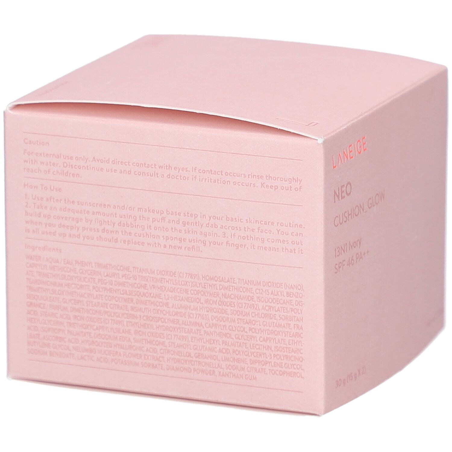 Boîte rose avec texte. LANEIGE NEO CUSHION_GLOW. Texte: 13N1 Ivory SPF 46 PA++. Contient 30g (15g x 2).