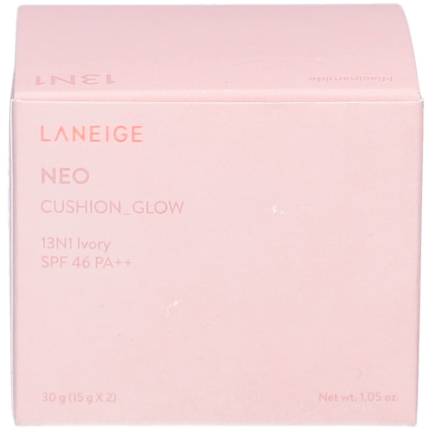 Boîte rose LANEIGE NEO CUSHION_GLOW. Texte: 13N1 Ivory SPF 46 PA++. Contient 30g (15g x 2).