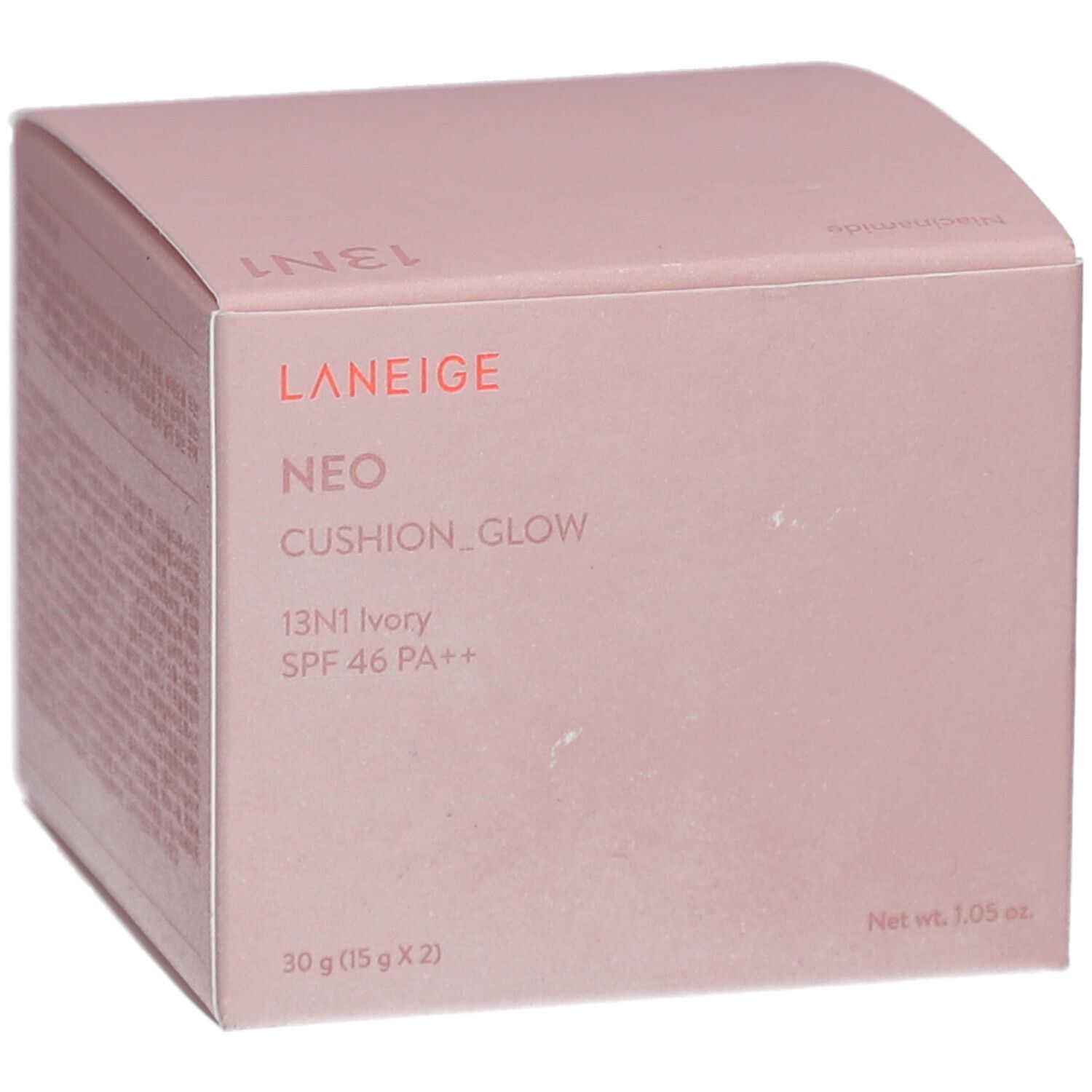 Boîte rose LANEIGE NEO CUSHION_GLOW. Texte: 13N1 Ivory SPF 46 PA++. Contient 30g (15g x 2).