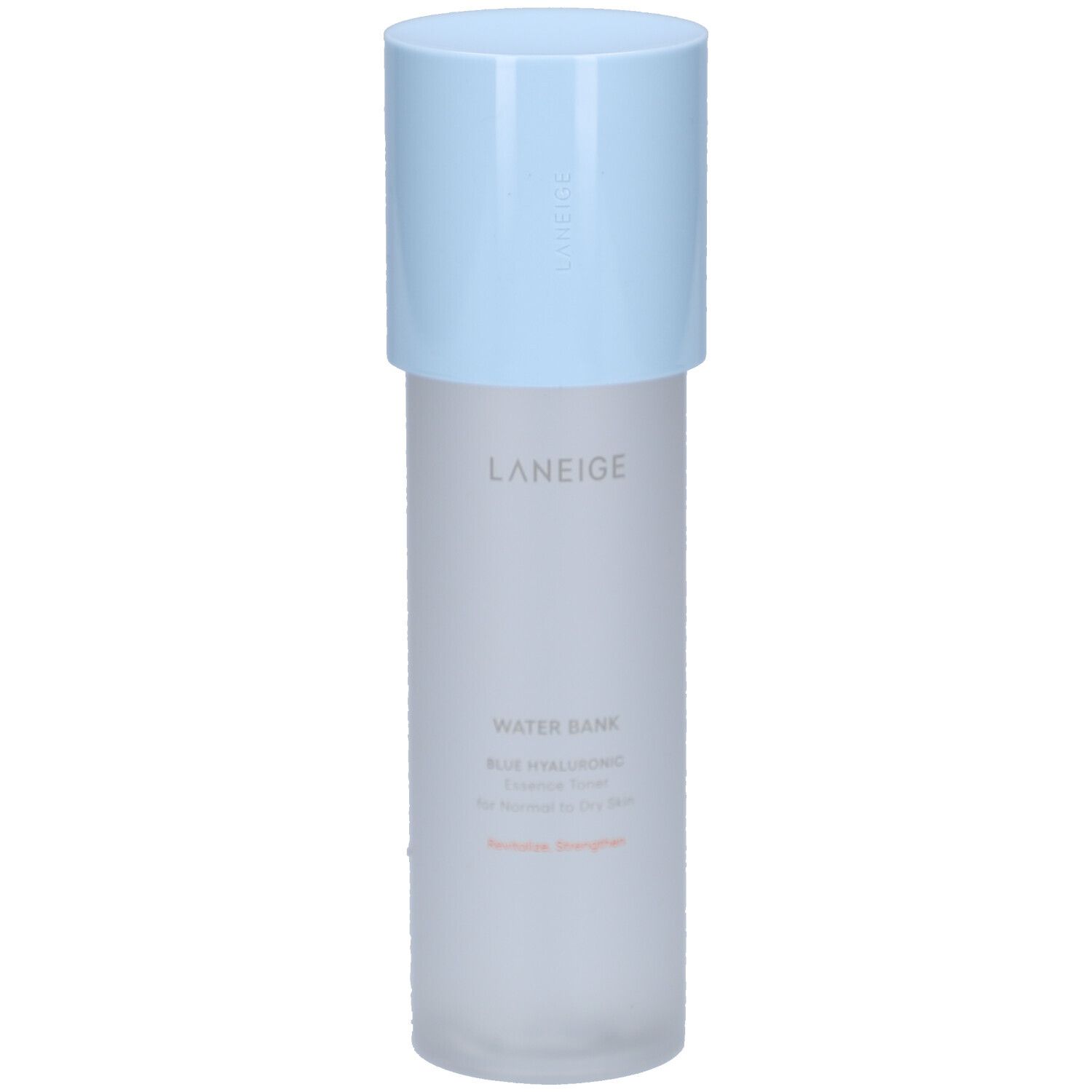 Cilindrische fles met lichtblauwe dop. Opschrift LANEIGE, WATER BANK, Blue Hyaluronic Essence Toner. Voor normale tot droge huid.