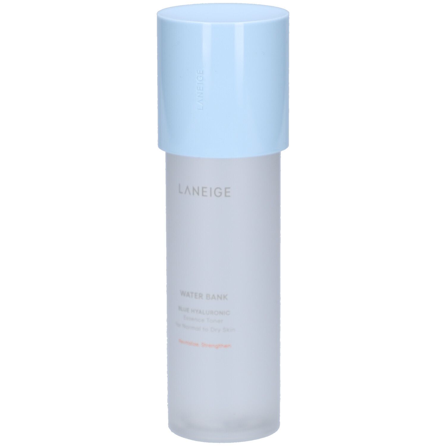 Cilindrische fles met lichtblauwe dop. Opschrift LANEIGE, WATER BANK, Blue Hyaluronic Essence Toner. Voor normale tot droge huid.