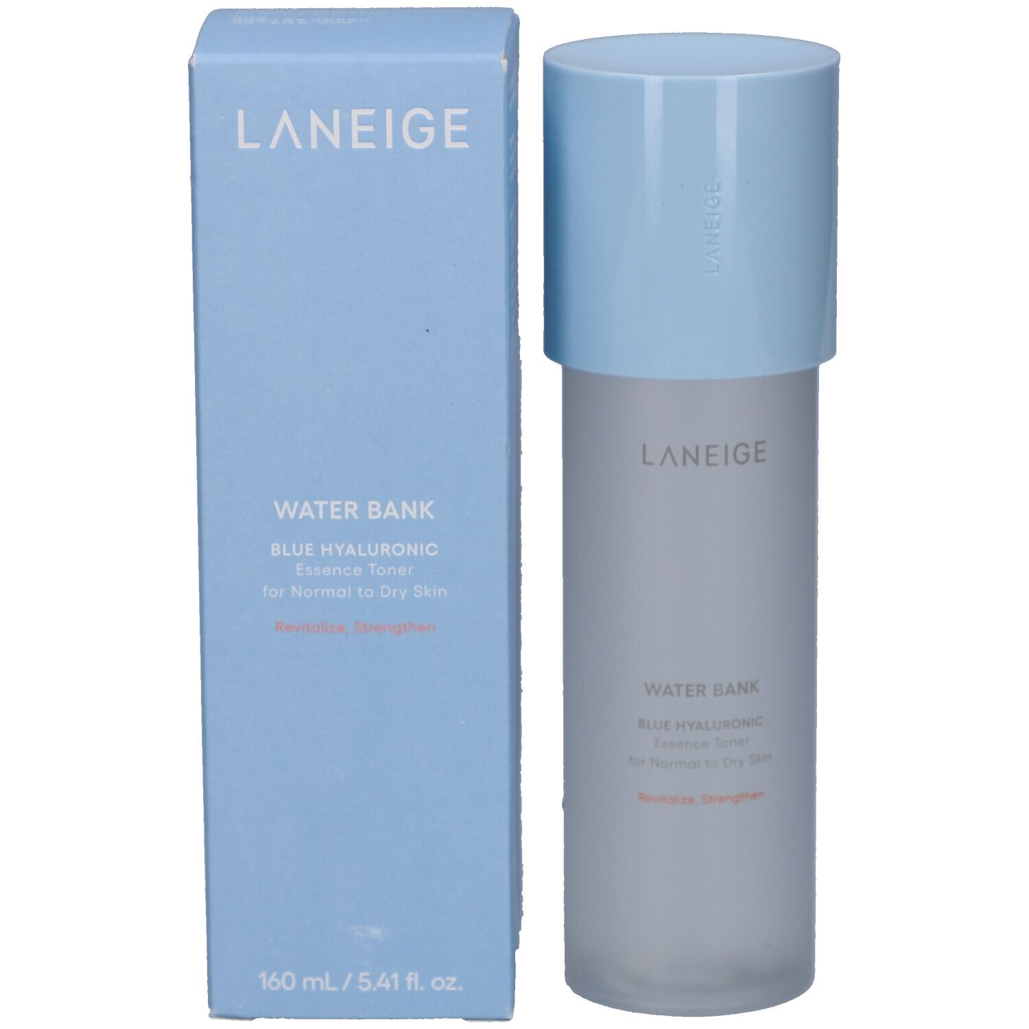Product met verpakking. Fles met lichtblauwe dop en doos. Opschrift LANEIGE, WATER BANK, Blue Hyaluronic Essence Toner. 160 ml.