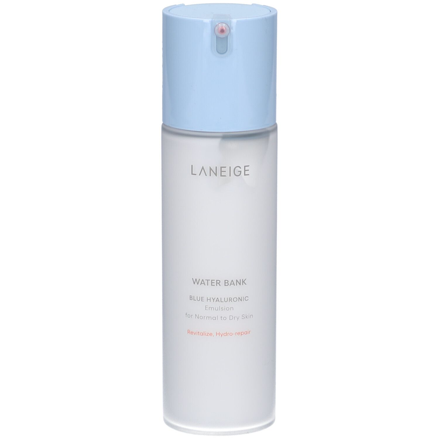 Flacon cylindrique avec bouchon bleu. Inscription : LANEIGE, WATER BANK BLUE HYALURONIC Emulsion. Pour peaux normales à sèches.