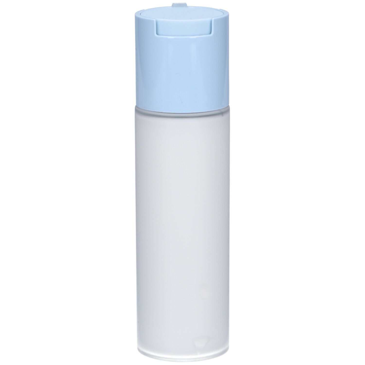 Flacon cylindrique avec bouchon bleu. Étiquette du produit non visible. Boîtier blanc transparent.