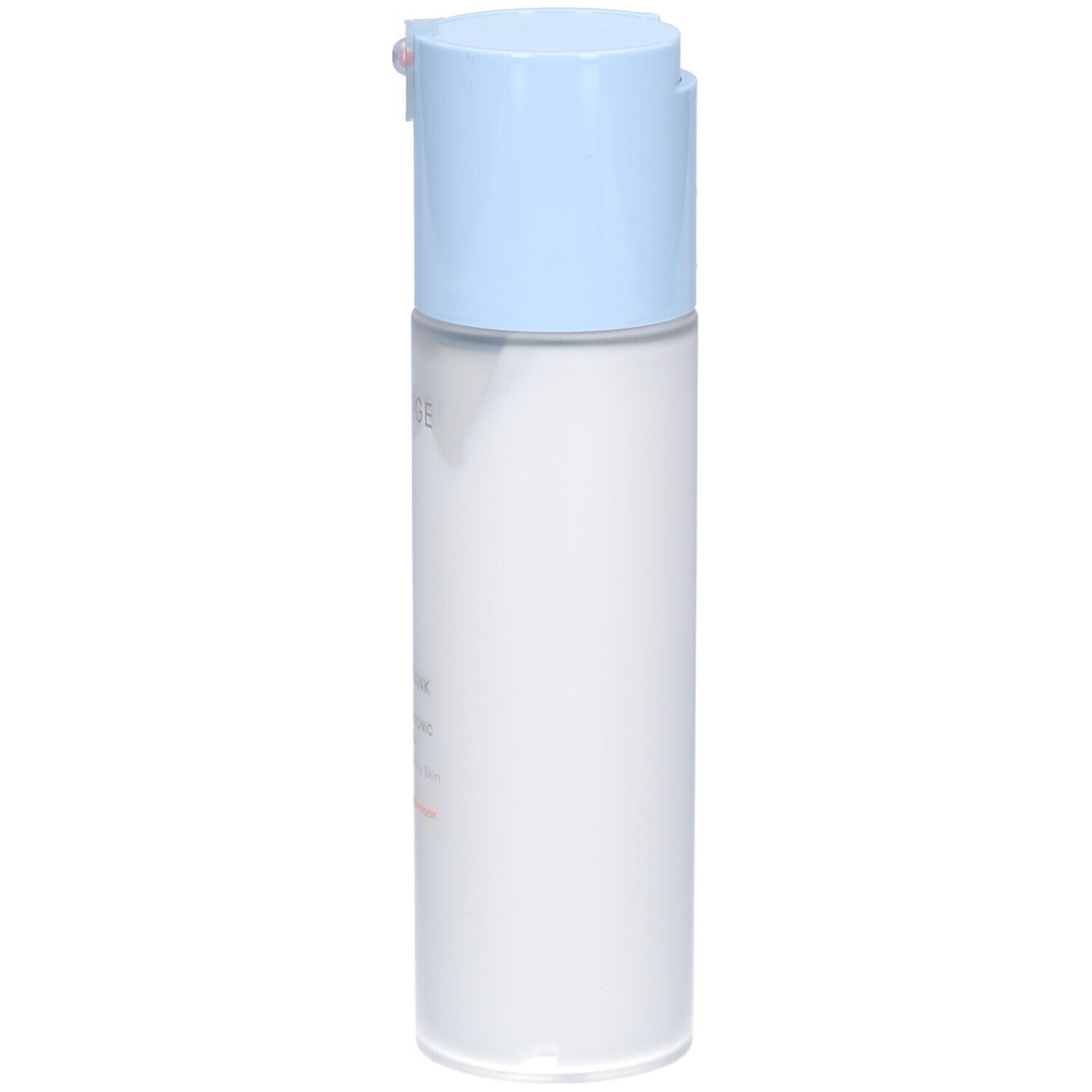 Flacon cylindrique avec bouchon bleu. Étiquette du produit partiellement visible. Boîtier blanc.