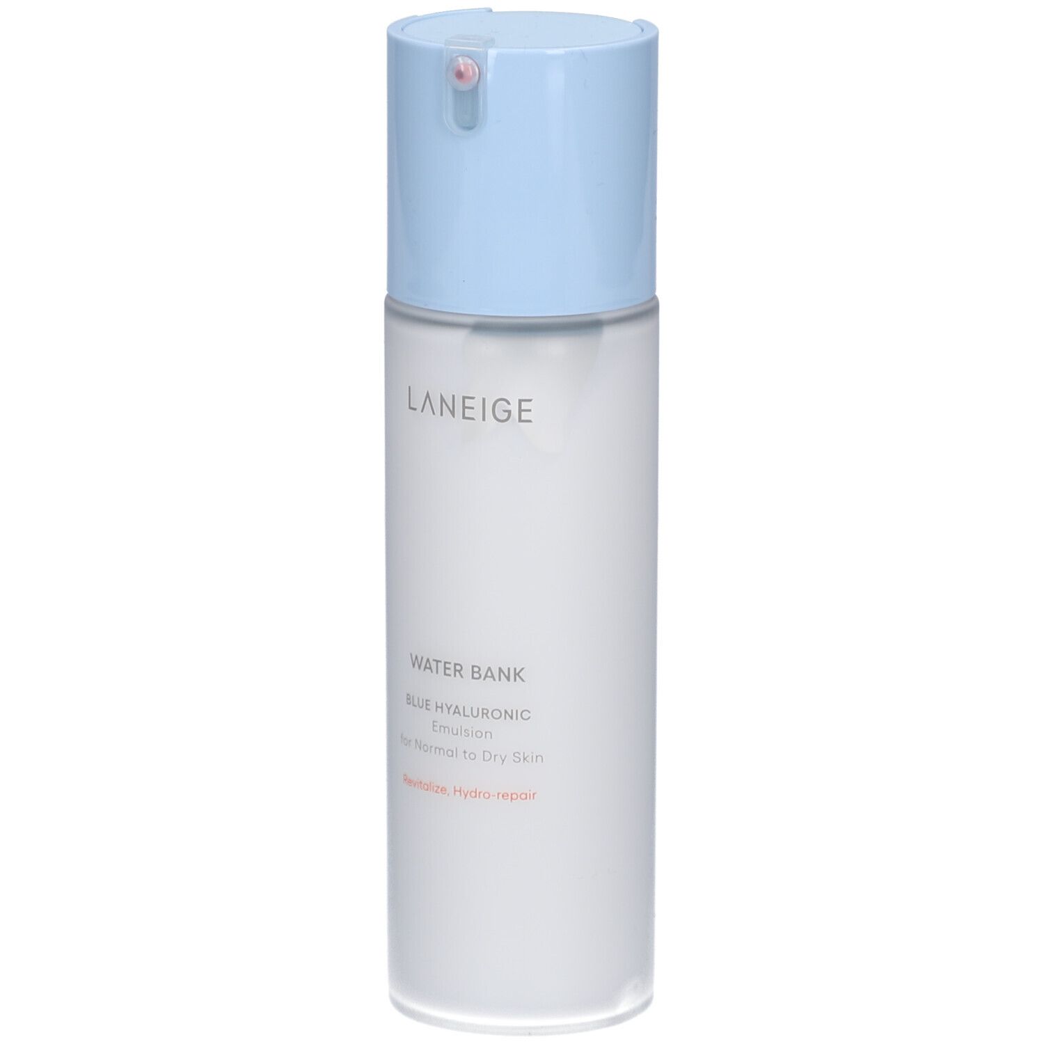 Flacon cylindrique avec bouchon bleu. Inscription : LANEIGE, WATER BANK BLUE HYALURONIC Emulsion. Pour peaux normales à sèches.