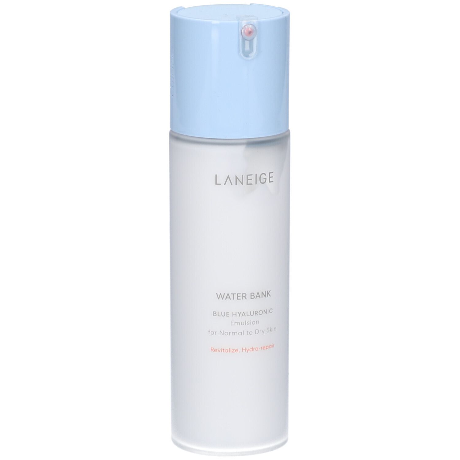 Flacon cylindrique avec bouchon bleu. Inscription : LANEIGE, WATER BANK BLUE HYALURONIC Emulsion. Pour peaux normales à sèches.