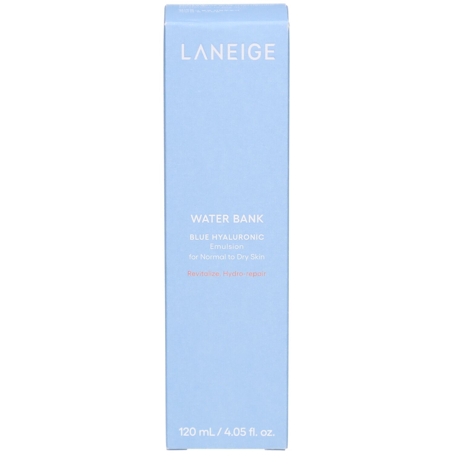 Emballage bleu. Inscription : LANEIGE, WATER BANK BLUE HYALURONIC Emulsion. Pour peaux normales à sèches. 120 ml.
