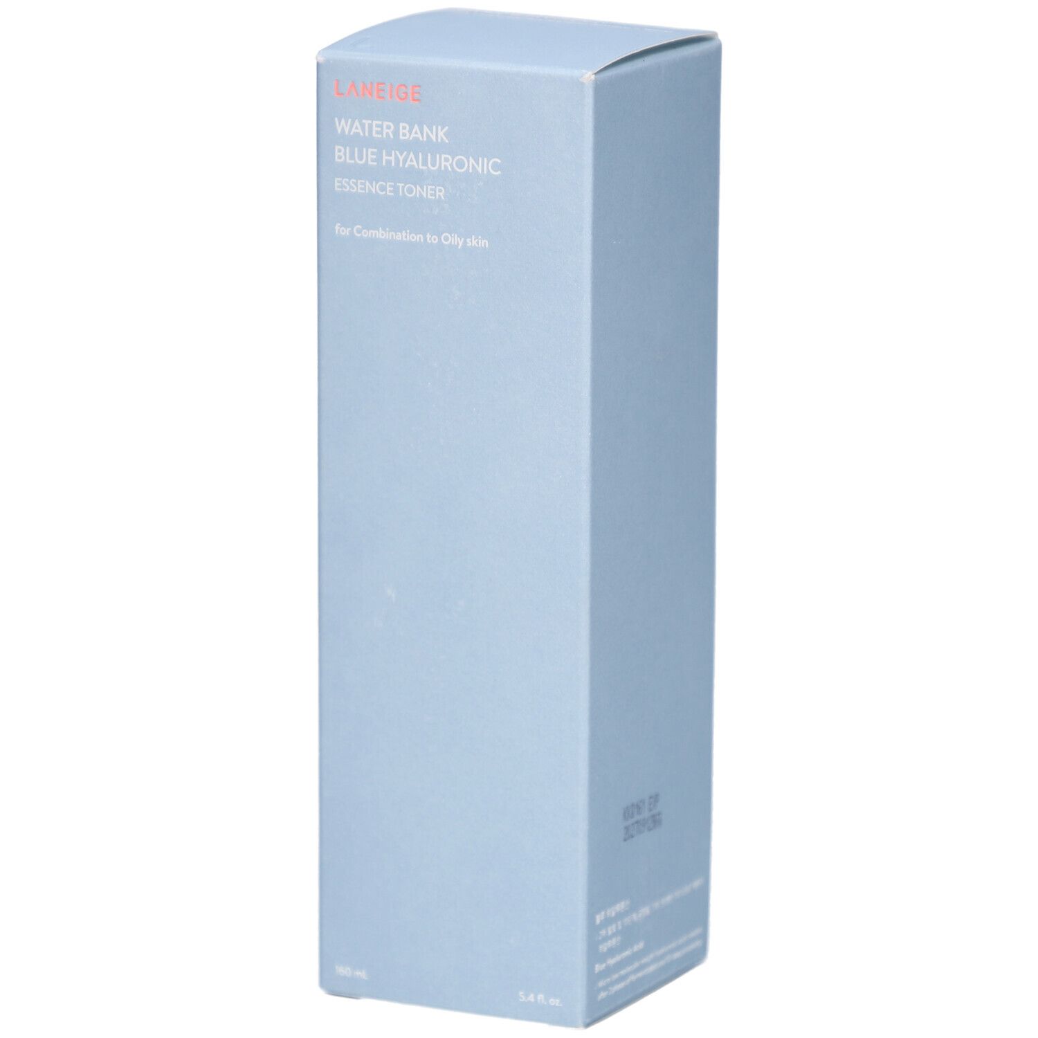 Lichtblauwe productverpakking. Opschrift: LANEIGE WATER BANK BLUE HYALURONIC Essence Toner. Voor de gemengde tot vette huid.