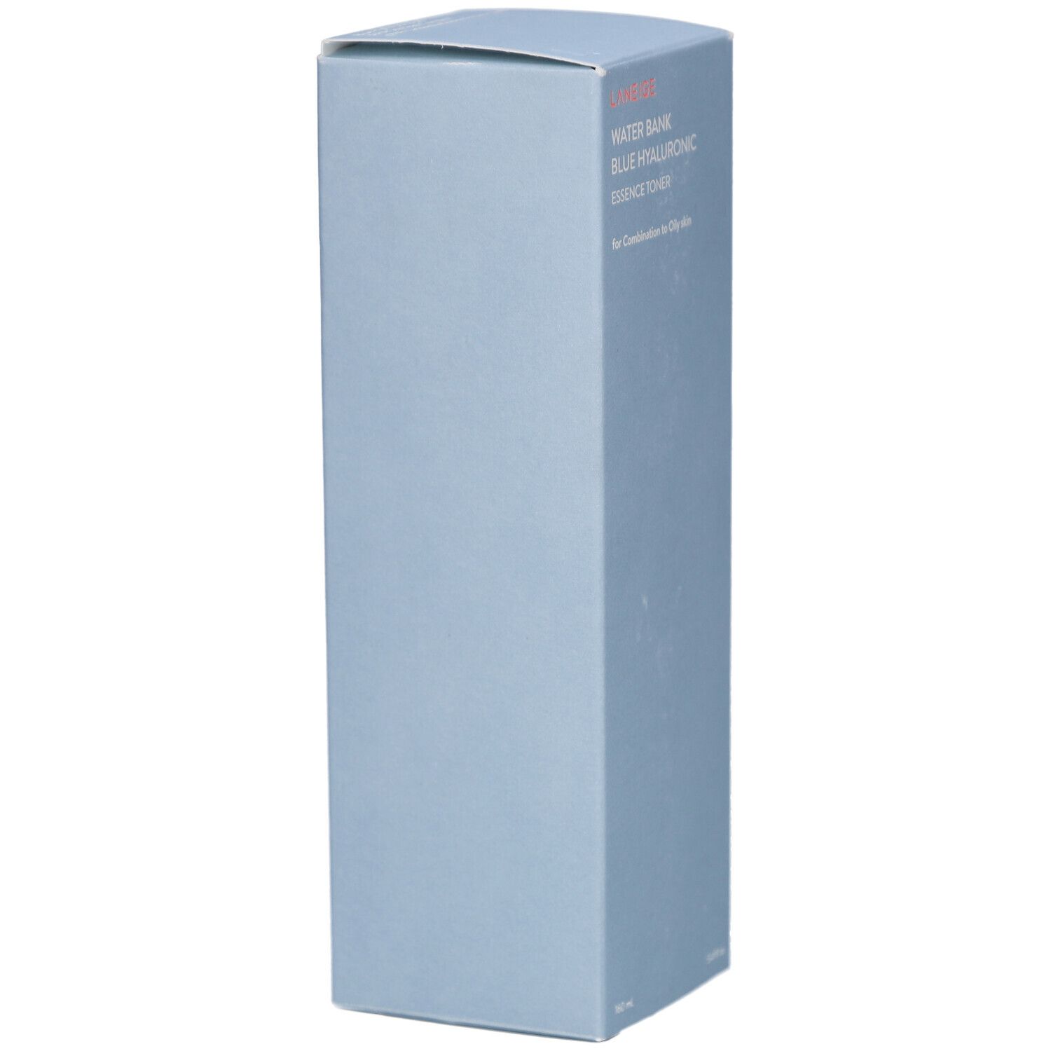 Lichtblauwe productverpakking. Opschrift: LANEIGE WATER BANK BLUE HYALURONIC Essence Toner. Voor de gemengde tot vette huid.
